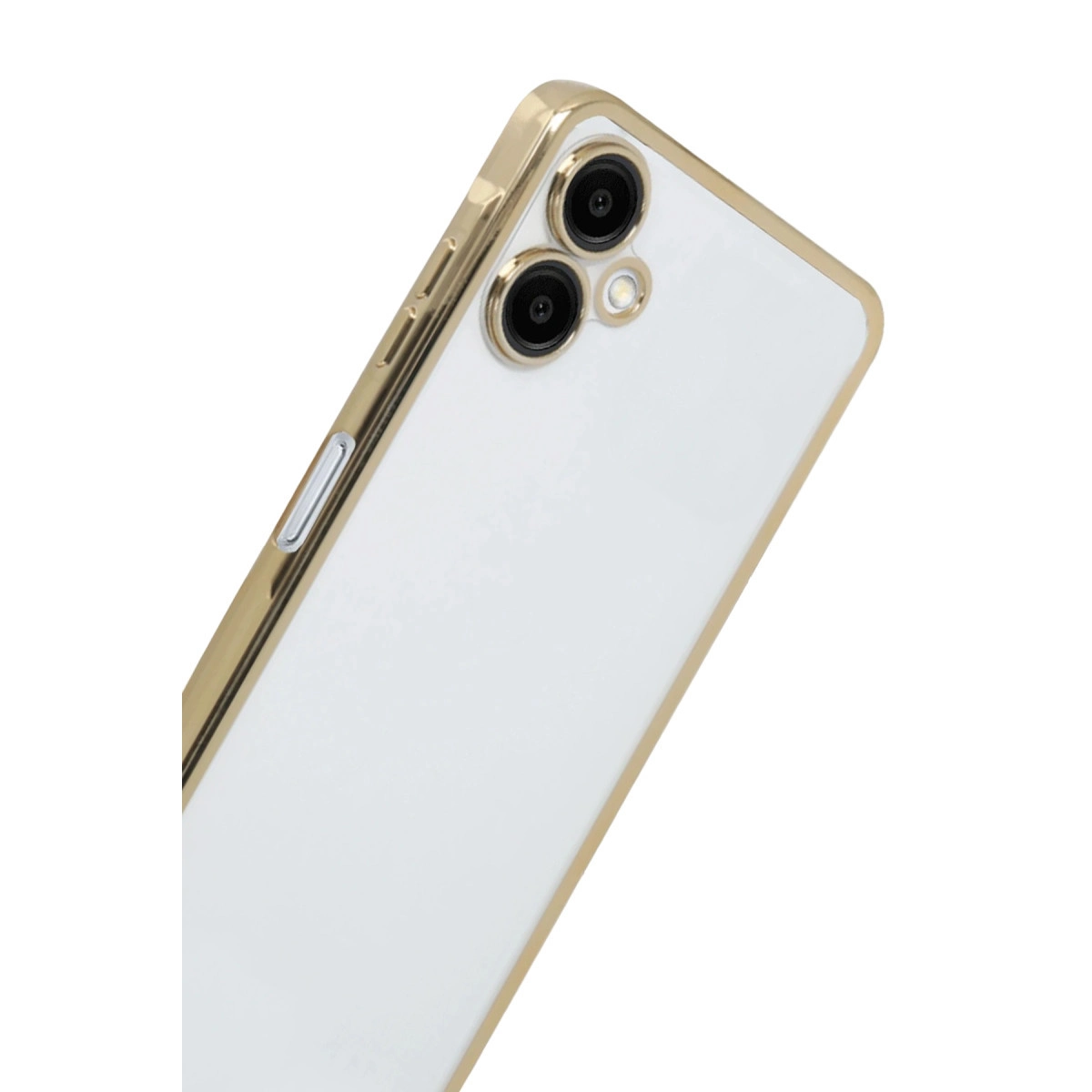 Altın çerçeveli, iki kamera lensli beyaz akıllı telefon.