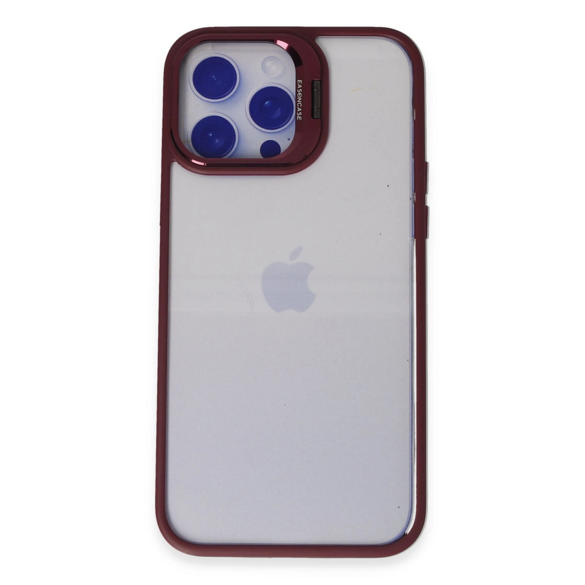 Şeffaf arka ve üç kamera lensli koyu kırmızı iPhone kılıfı.