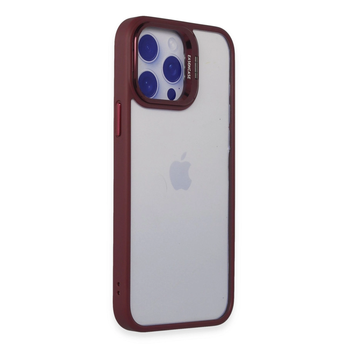 Koyu kırmızı iPhone kılıf detayı, kamera çıkıntısını ve Apple logosu boşluğunu gösteriyor.