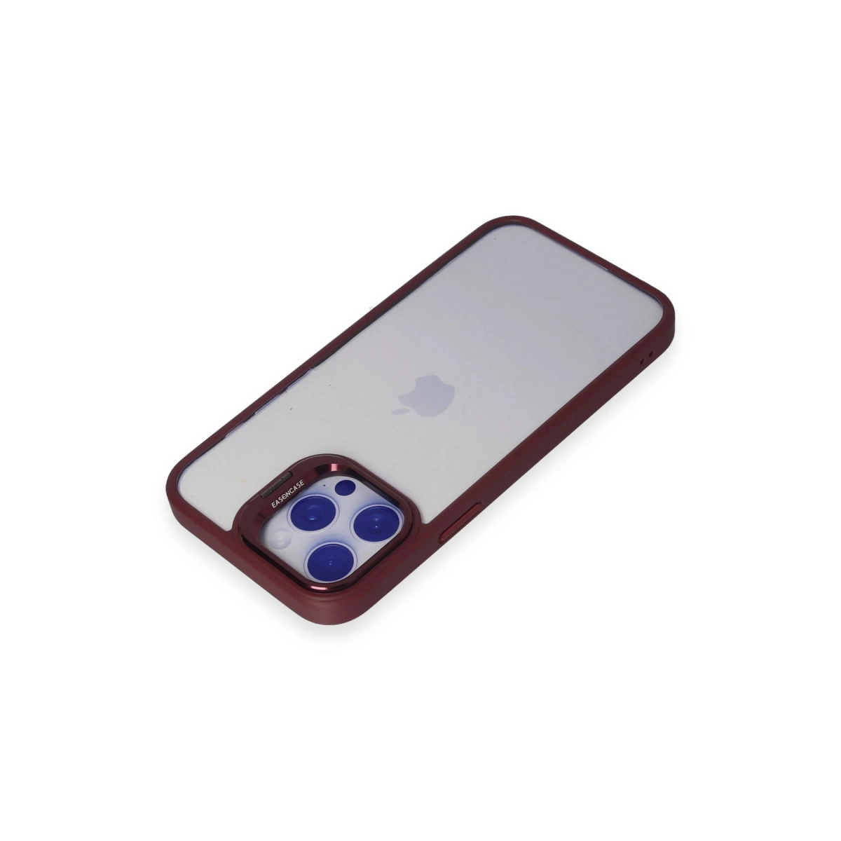 Bordo iPhone kılıfı, şeffaf arka yüzü ve üç lensiyle beyaz arka planda.