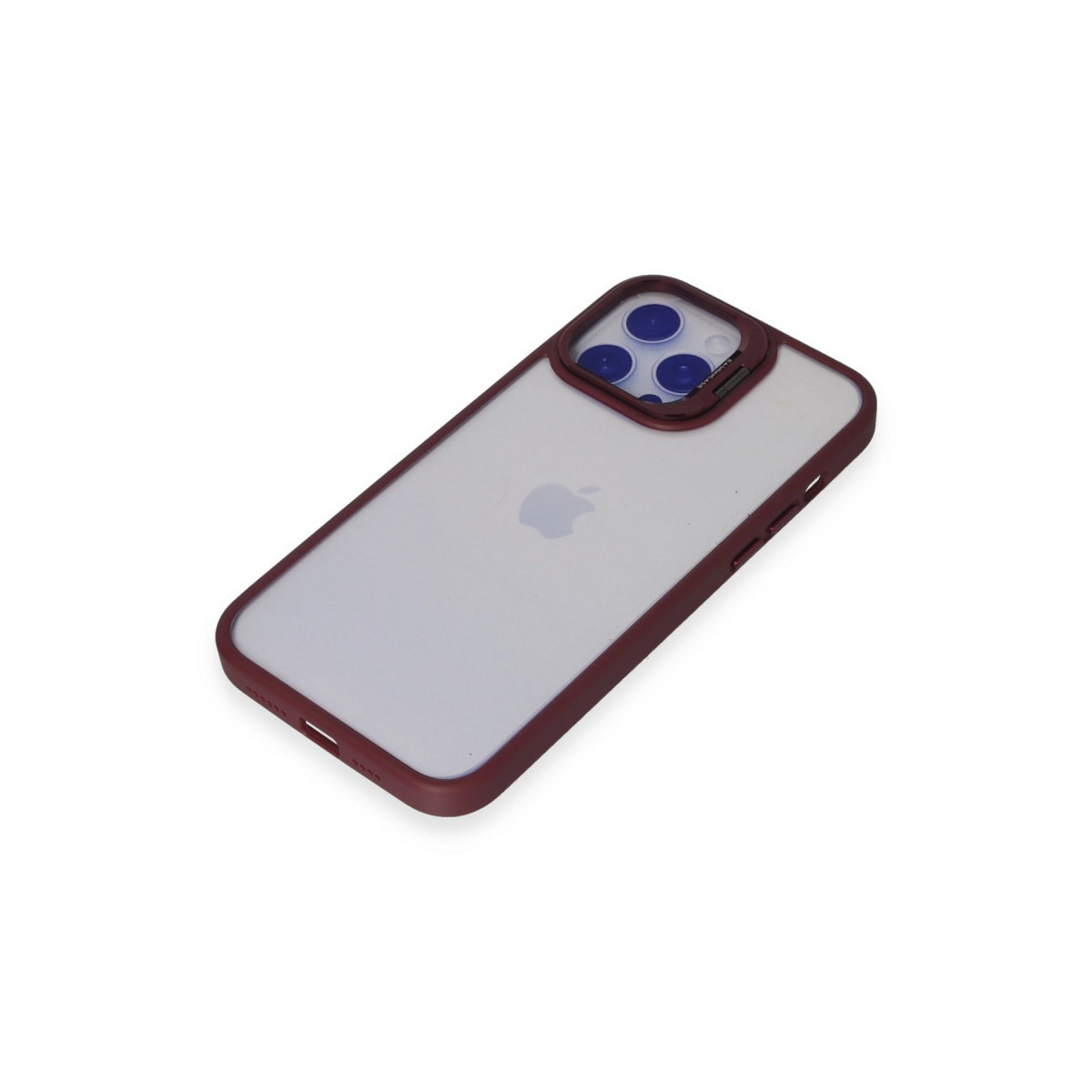 iPhone'un arkası, bordo kenarlı şeffaf kılıf ve kamera lensleri.