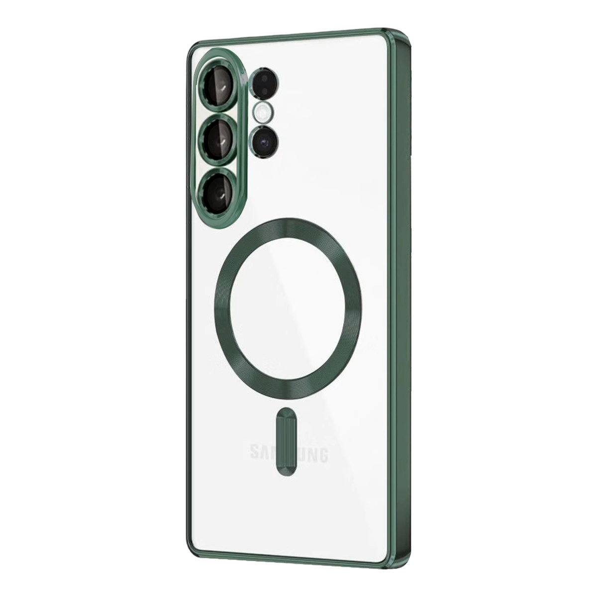 Kameralı ve manyetik halkalı yeşil telefon kılıfı.