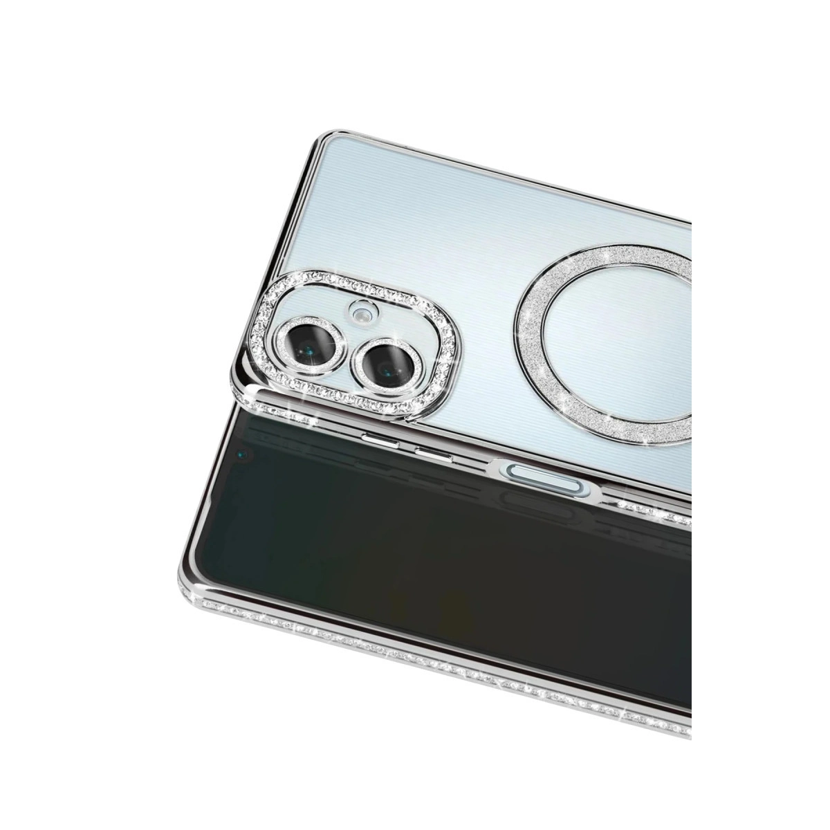 Çift kamera lens çevresi ve taş halkalı şeffaf telefon kılıfı.