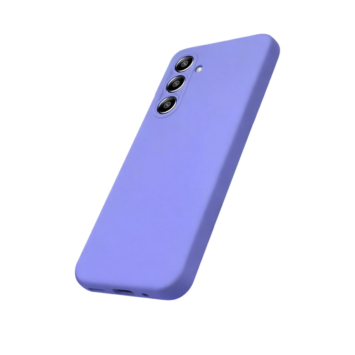 Üç kamera lensi ve port açıklıkları olan mor telefon kılıfı.