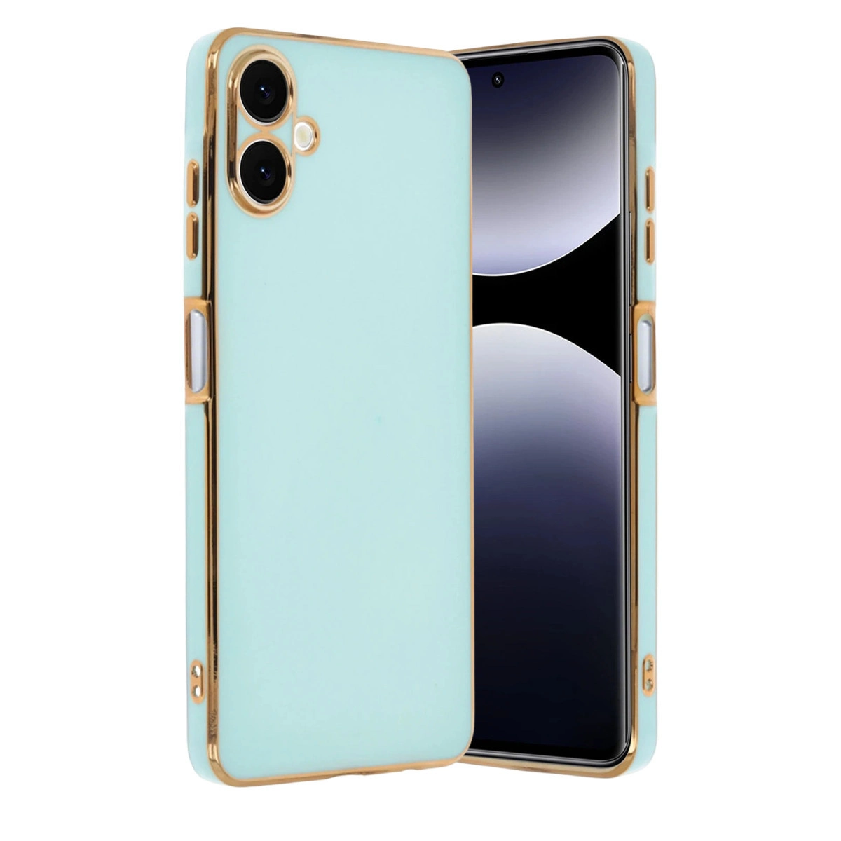 Altın kenarlı açık mavi telefon kılıfı, kamera lensleri görünüyor.
