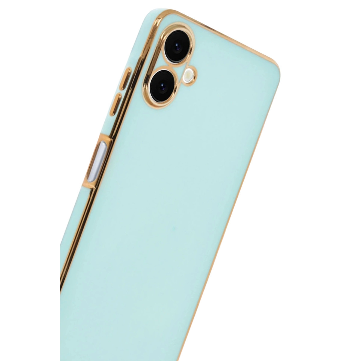 Altın çerçeveli, iki kamera lensli açık mavi telefon kılıfı.