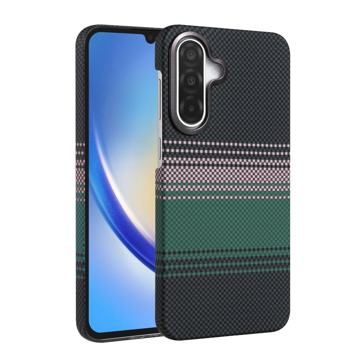 Koyu gri telefon kılıfı, damalı desenli ve renkli çizgili.
