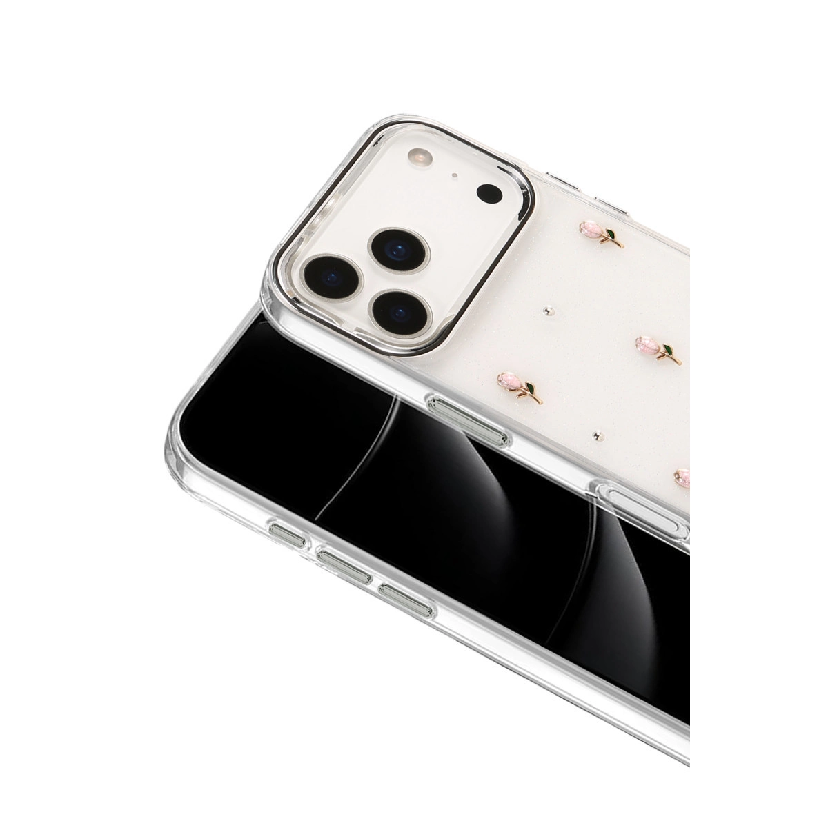 Küçük pembe çiçekli ve incili şeffaf telefon kılıfı.