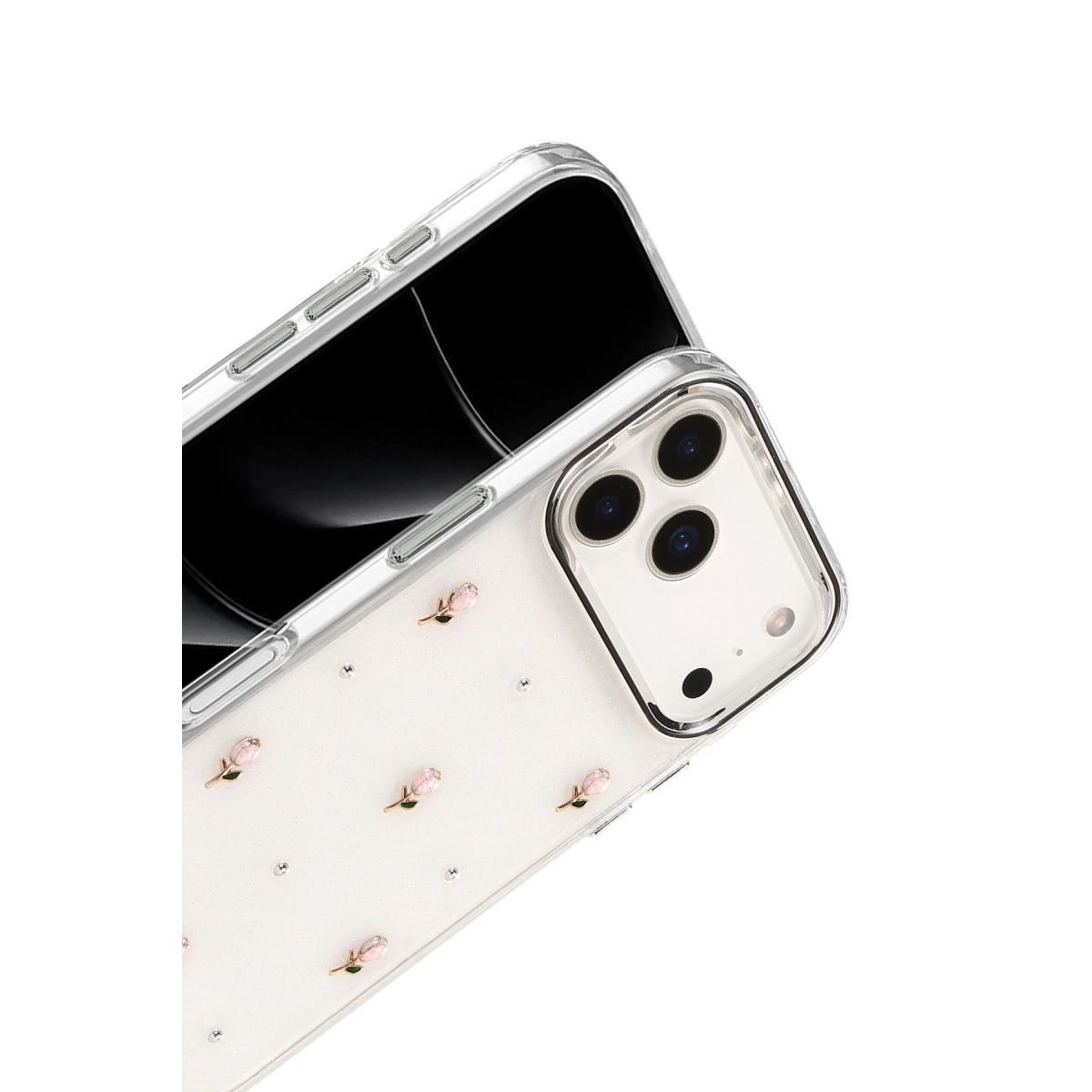 Bir iPhone üzerinde güller ve taşlarla süslü şeffaf telefon kılıfı.