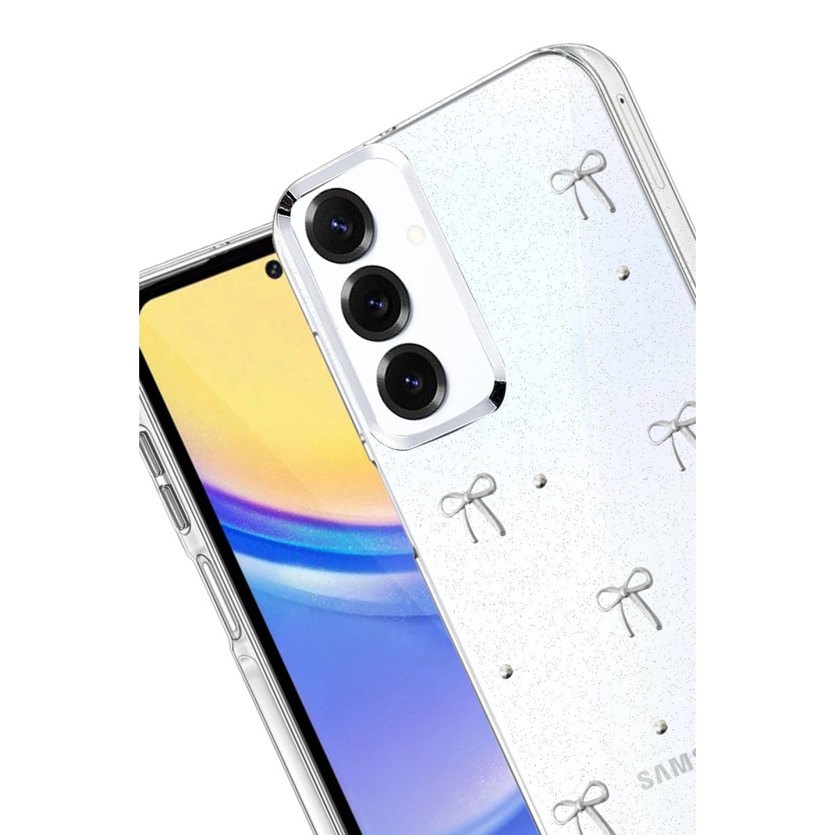 Simli ve fiyonk desenli şeffaf telefon kılıfı. Kamera lensleri görünür.