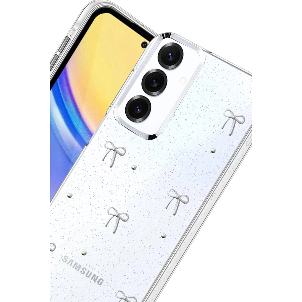 Sim ve fiyonk tasarımlı şeffaf telefon kılıfı.