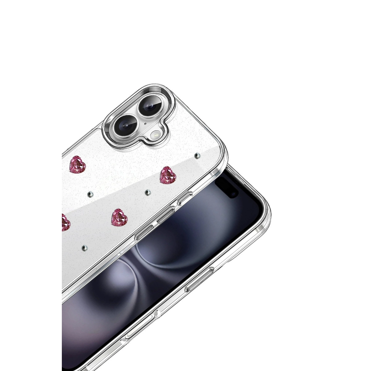 Sim ve pembe kalp detaylı şeffaf telefon kılıfı.