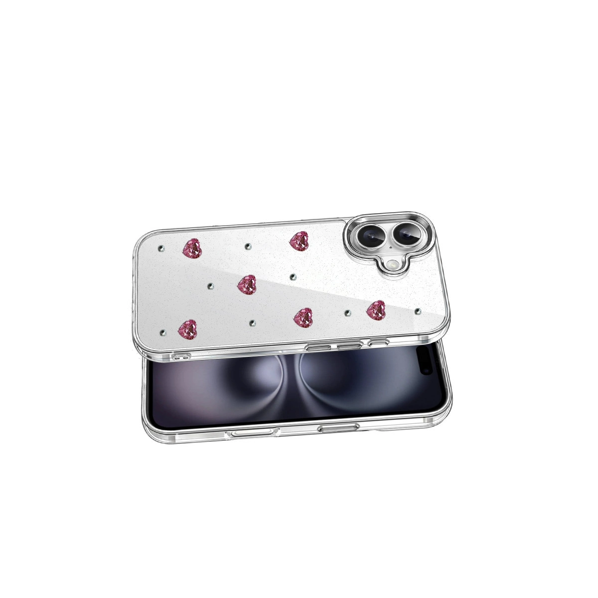 Telefon üzerinde simli ve pembe kalpli şeffaf kılıf.