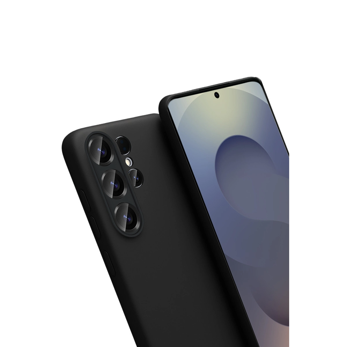 Beyaz arka plan üzerinde üç arka kameraya sahip siyah bir akıllı telefon.