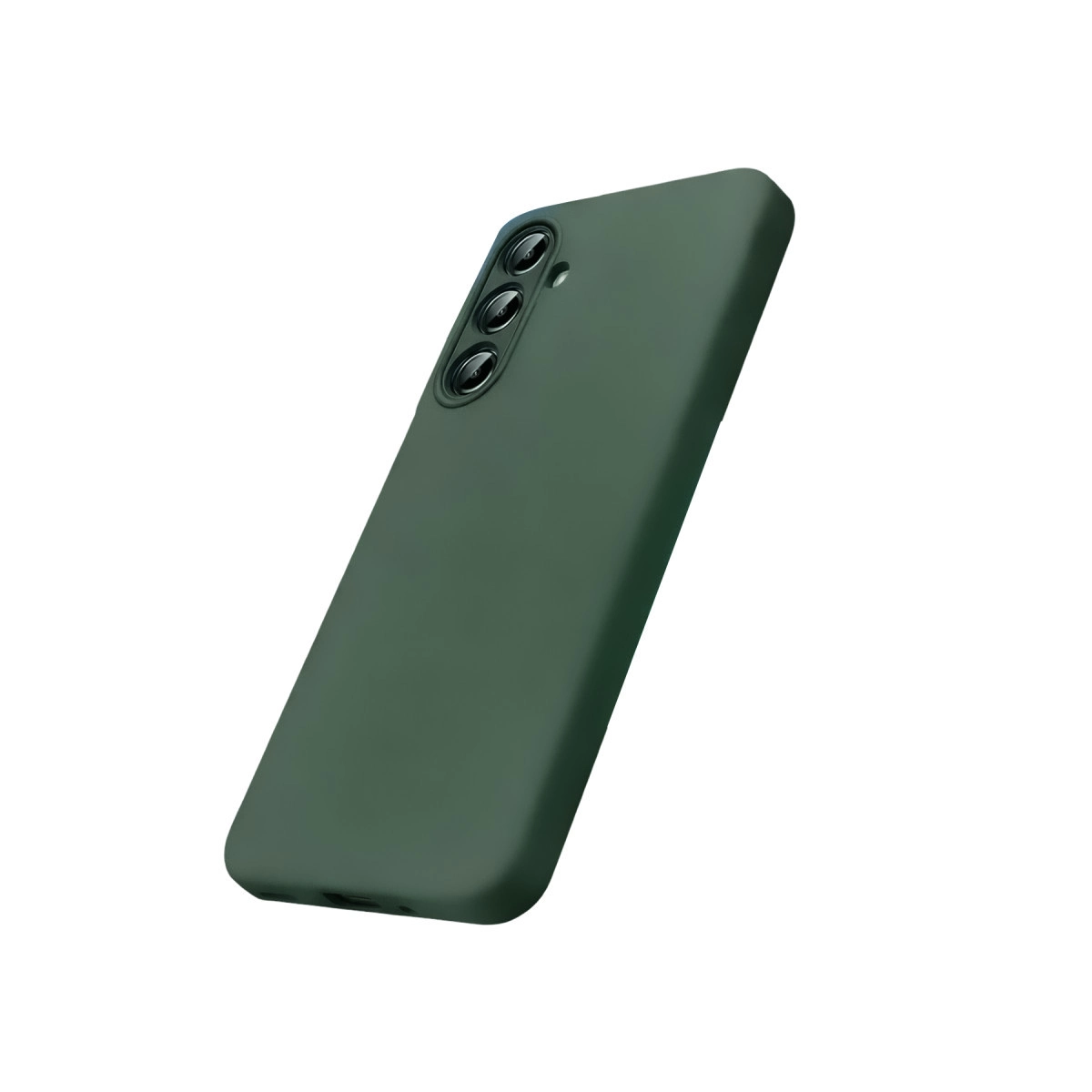 Arkada üç kamera lensli koyu yeşil telefon kılıfı.