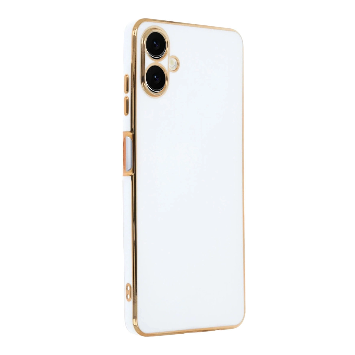 Altın çerçeveli, iki kamera lensli beyaz telefon kılıfı, beyaz zeminde.