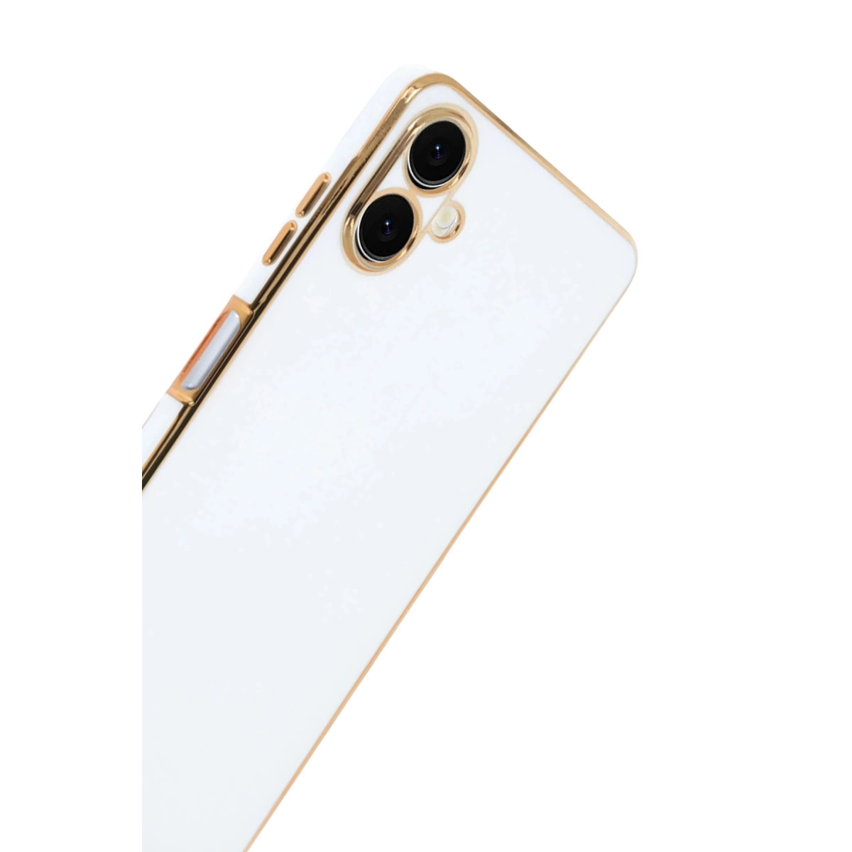 Altın çerçeveli beyaz telefon kılıfı, beyaz arka plan üzerinde iki kamera.