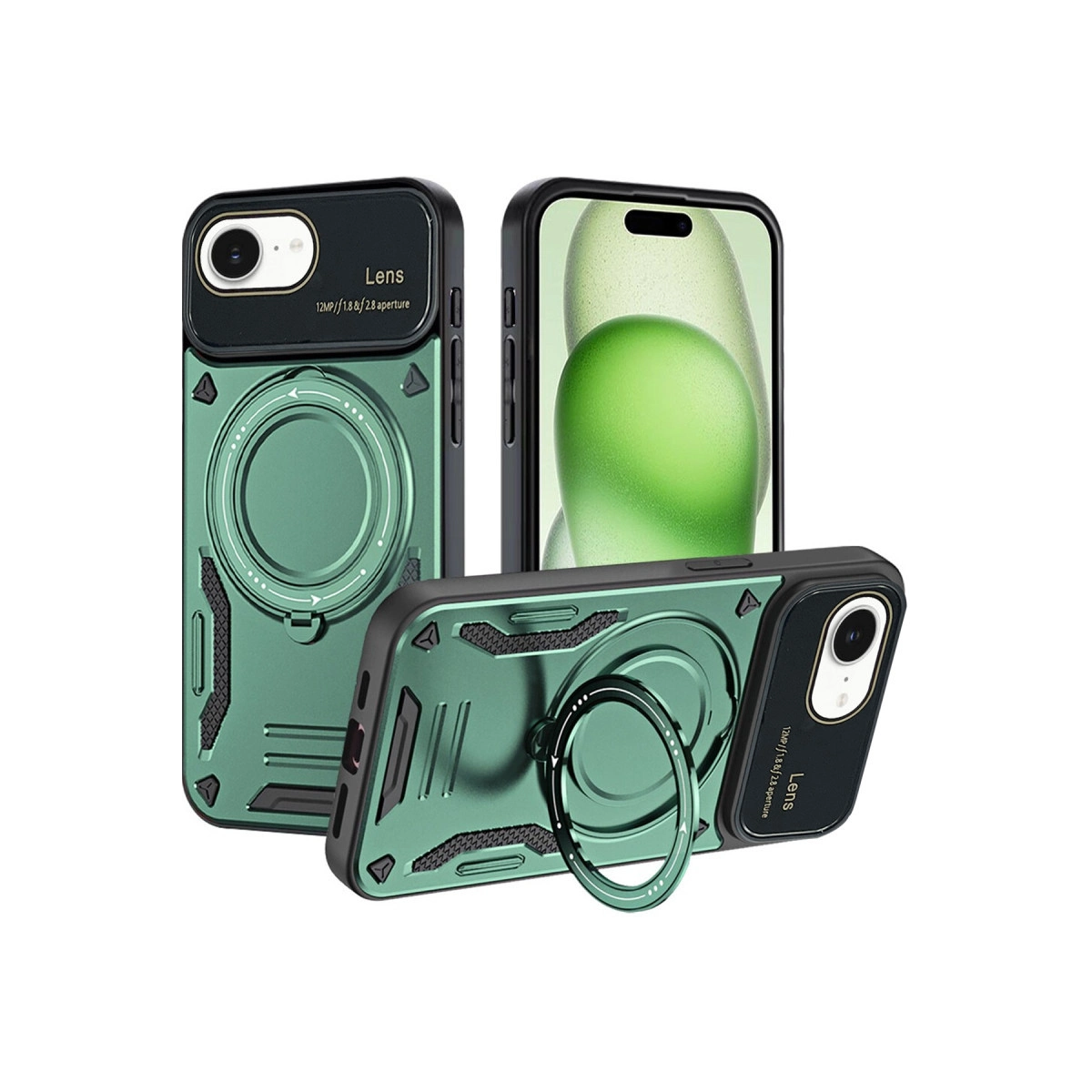 Kamera lens korumalı ve halka tutuculu üç yeşil telefon kılıfı.