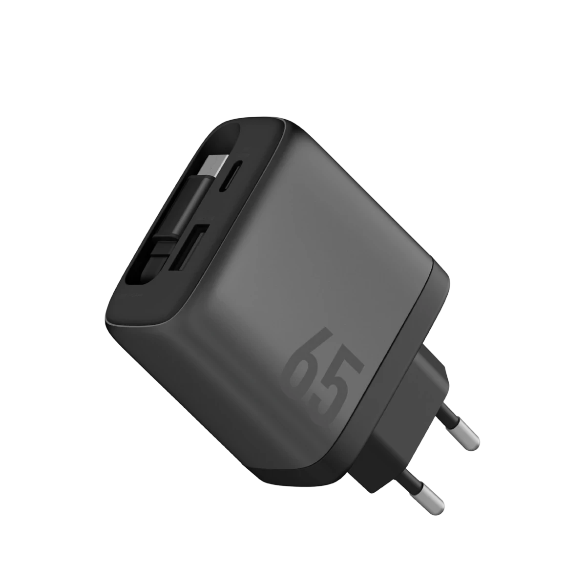 USB-C ve USB-A portlu gri güç adaptörü, 65W.