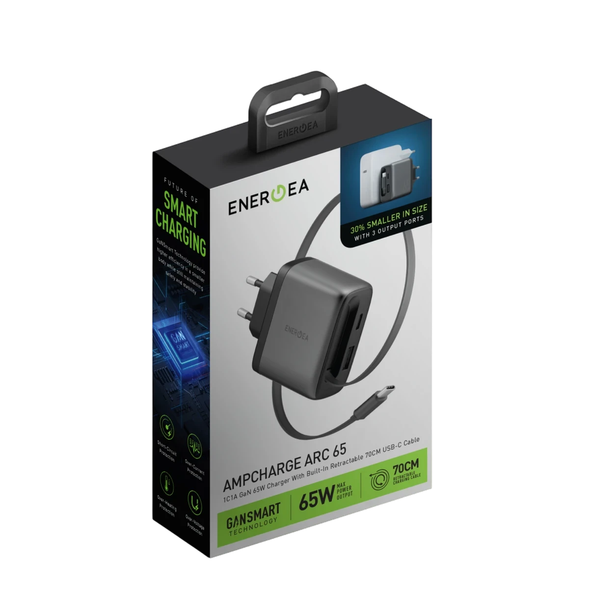 Gri şarj cihazı, 3 USB-C bağlantı noktası ve geri çekilebilir kablo.
