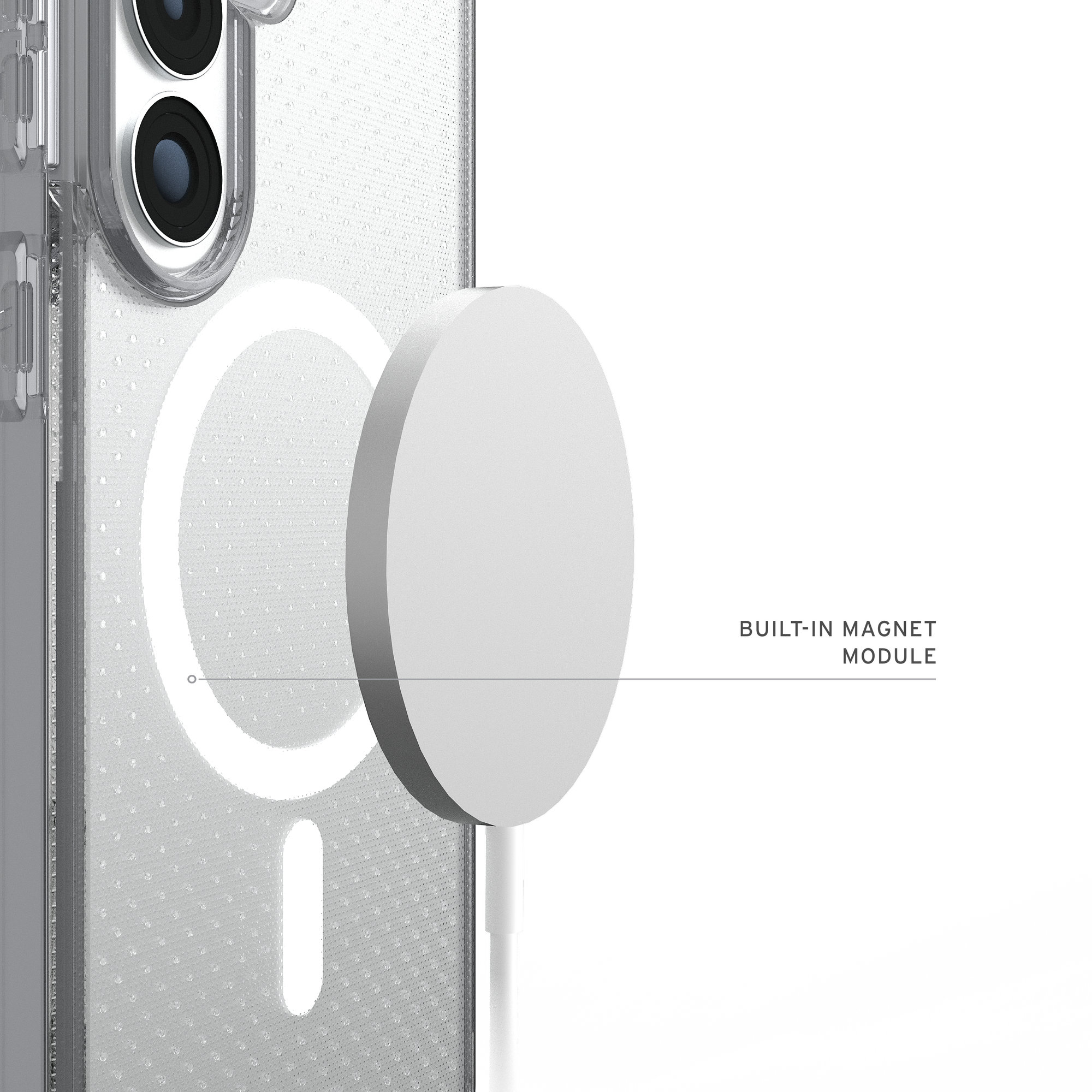 Transparente Handyhülle mit integriertem Magnetmodul und weißem Ladekabel.