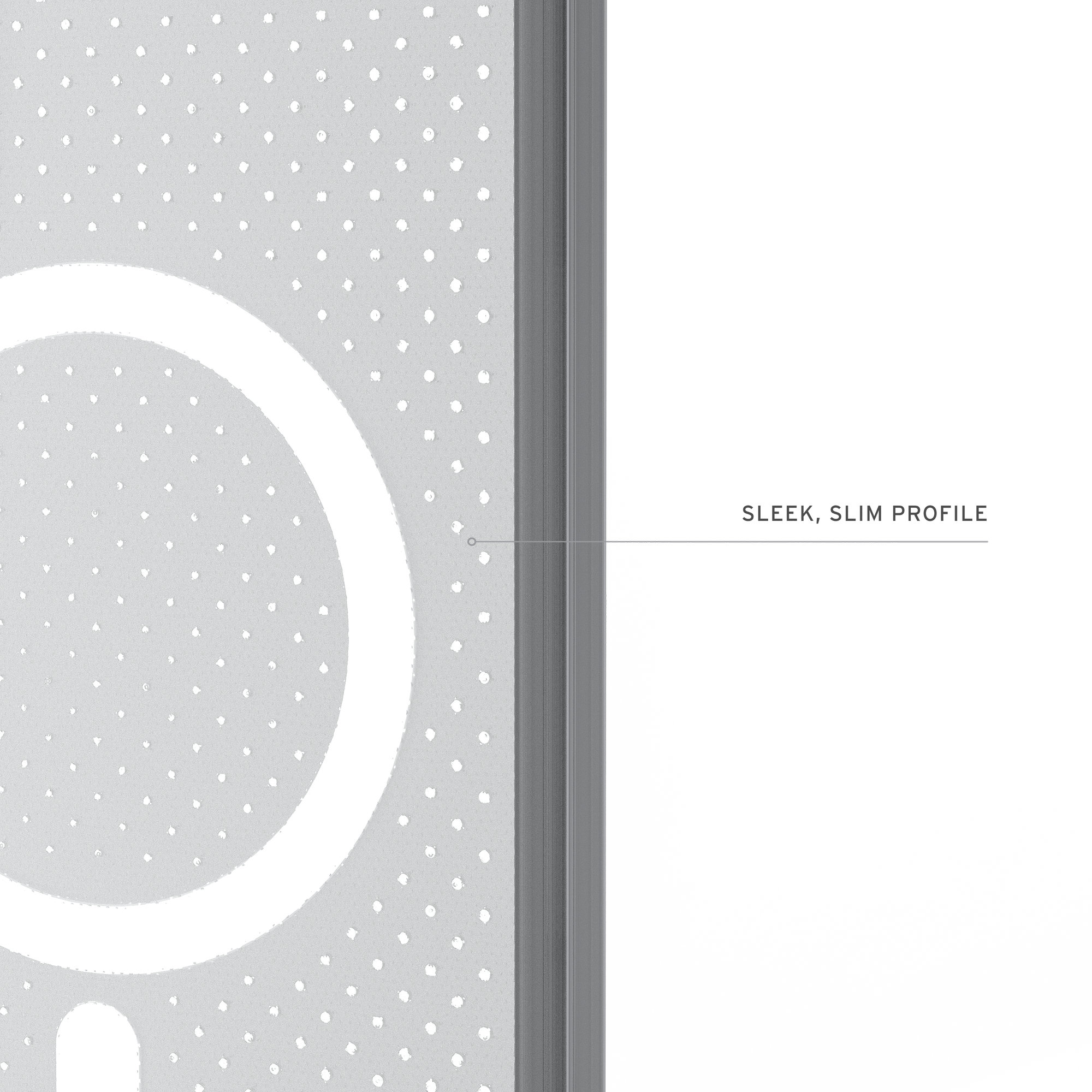 Silbernes Muster mit Punkten und Text 'SLEEK, SLIM PROFILE'.