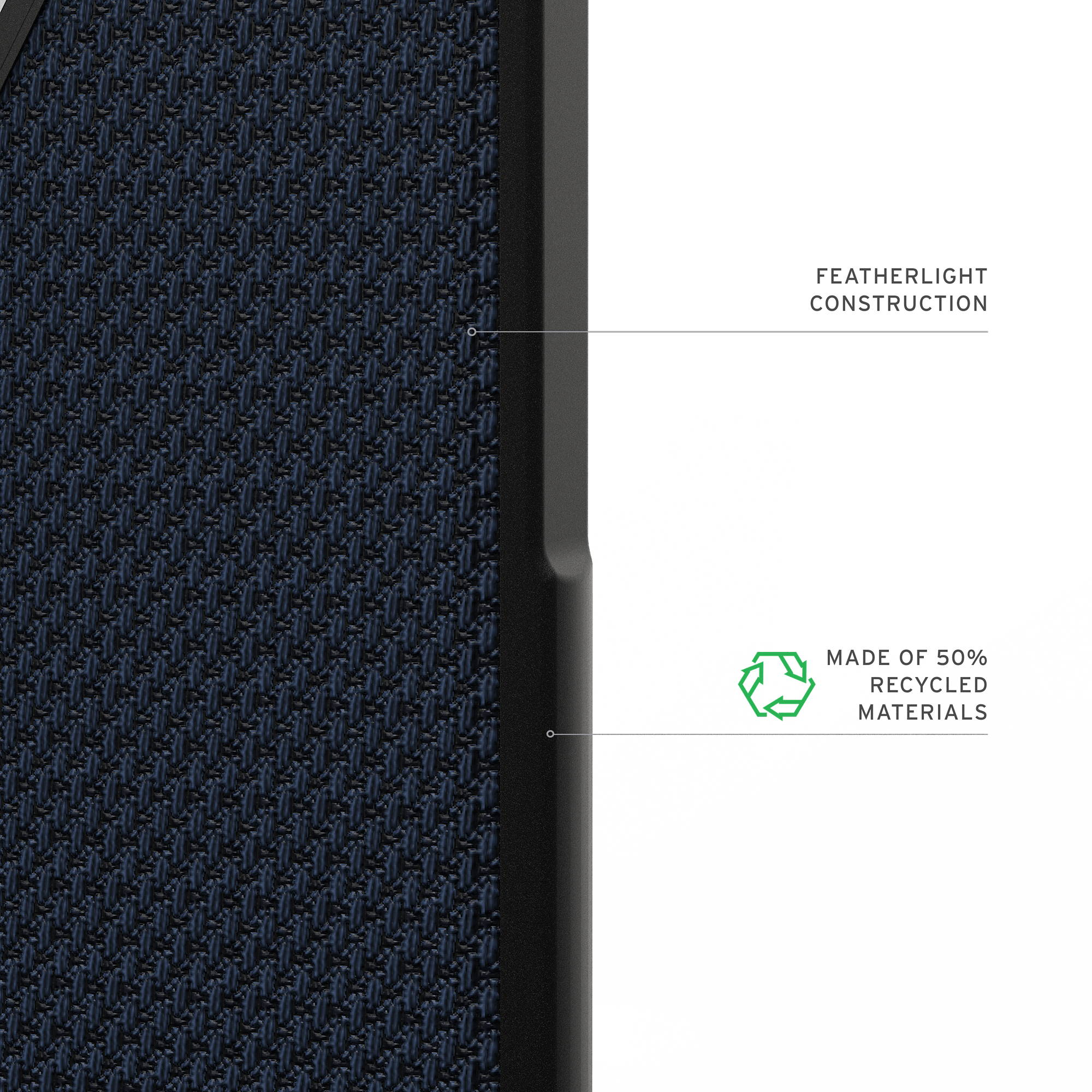 Granatowy materiał fakturowany z napisem 'lekka konstrukcja' i ikoną recyklingu.
