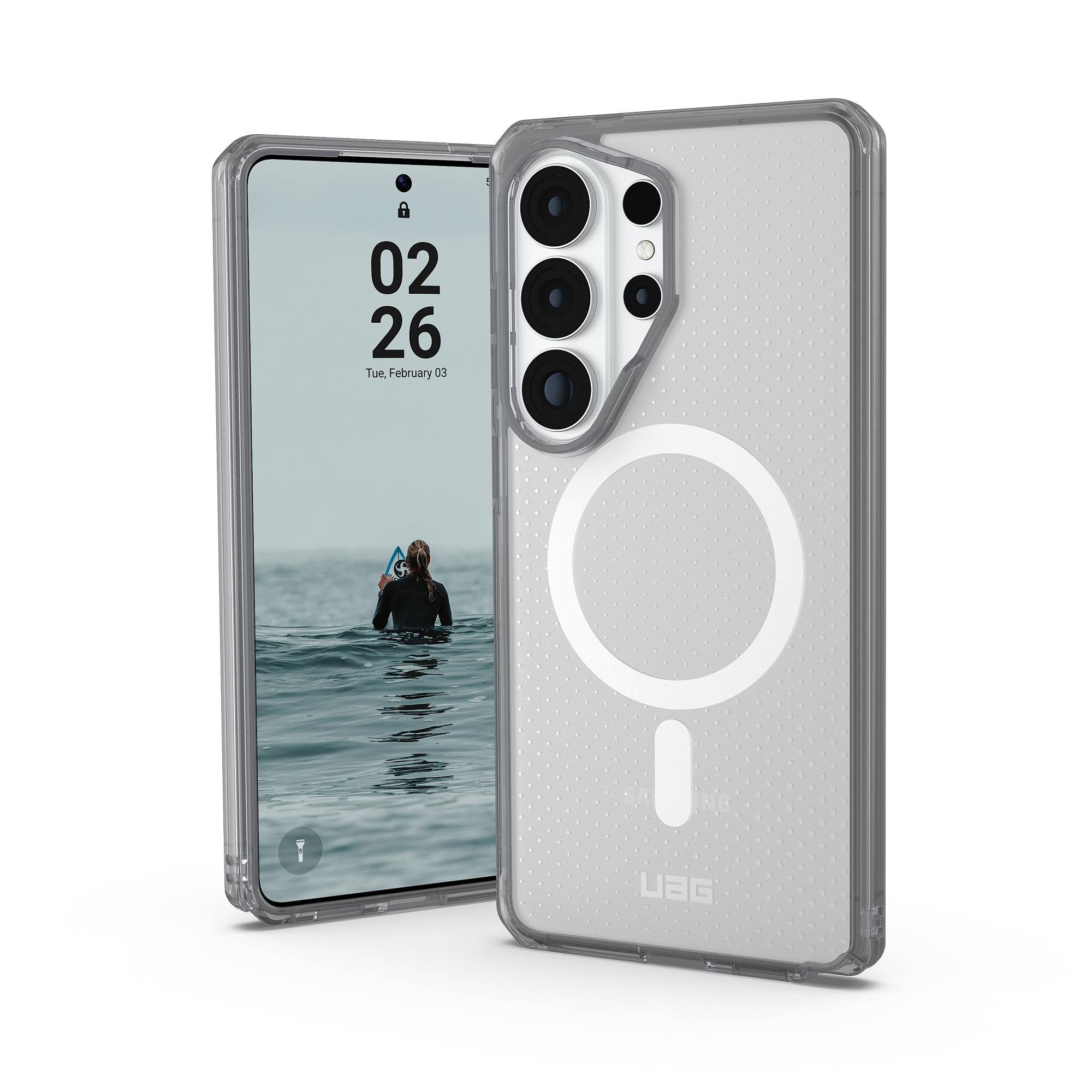 Ein durchsichtiges Handyhülle mit Magnetring und Handy daneben.
