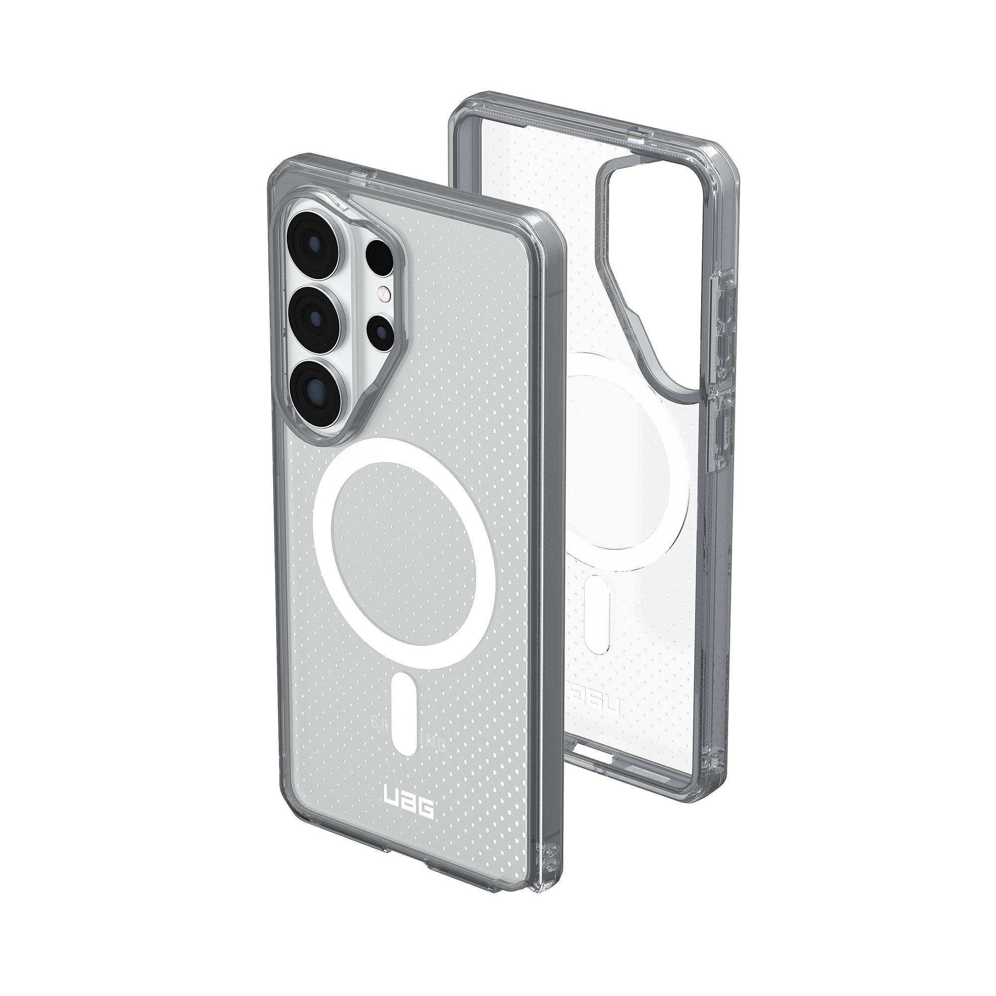 Zwei durchsichtige Handyhüllen mit Magnetring und Kameraaussparung.