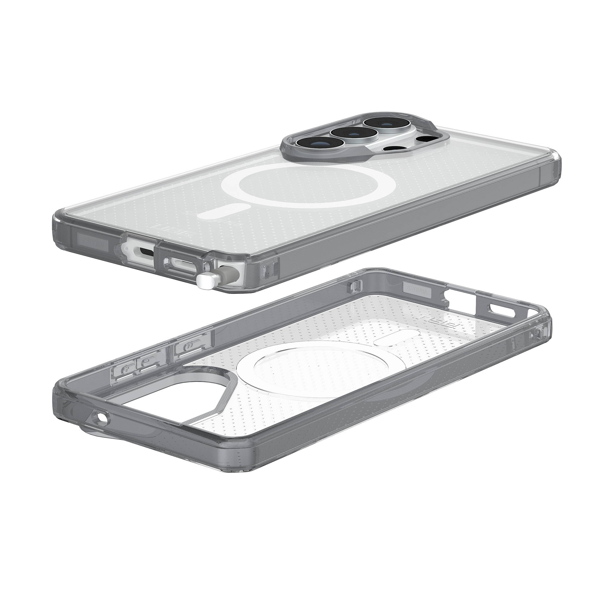 Transparente Hülle für ein Smartphone, das mit drei Kameras und MagSafe-Ring