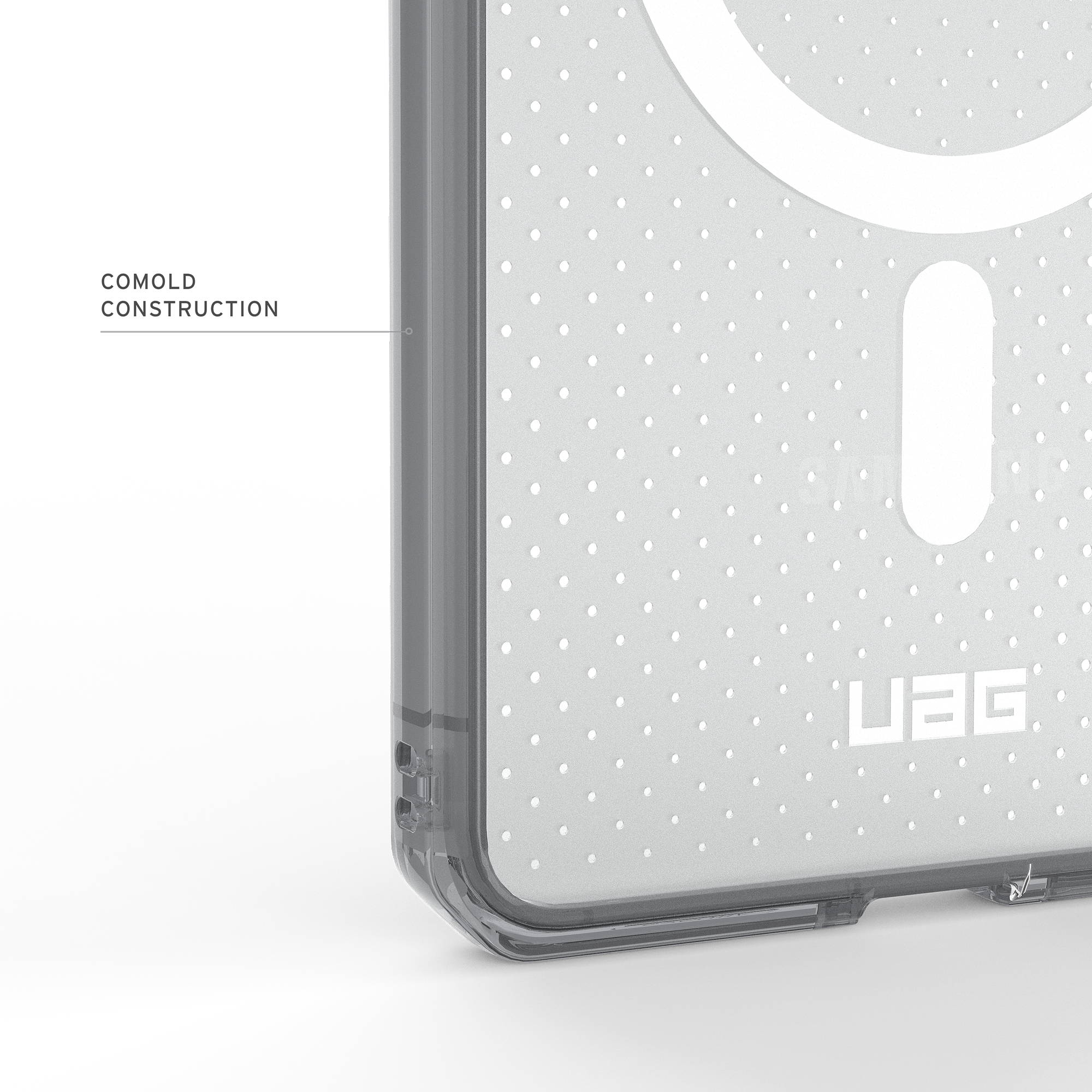Graue Handyhülle mit Punktmuster und UAG-Logo.
