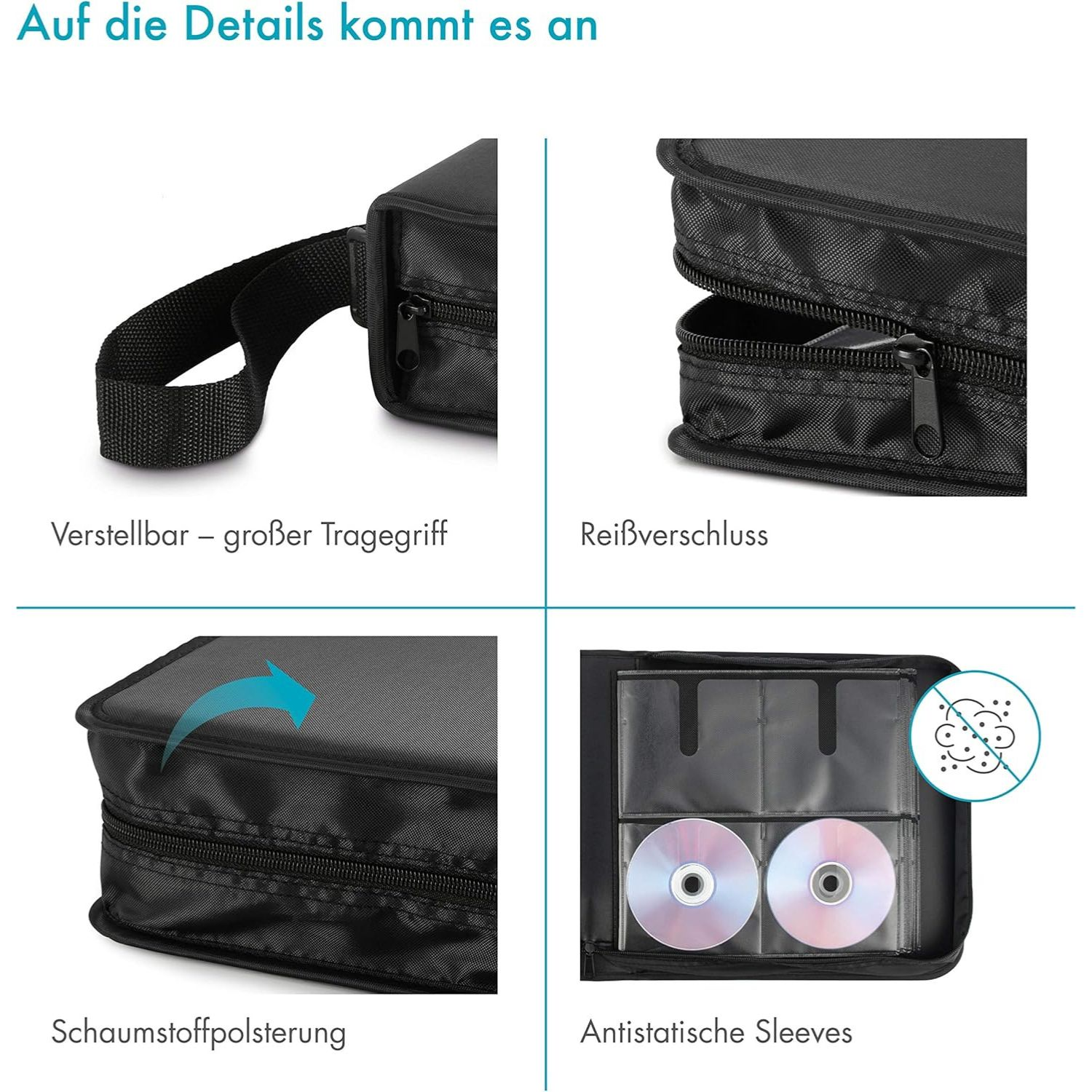 Schwarze CD-Tasche mit Tragegriff, Reißverschluss, Polsterung und Hüllen.