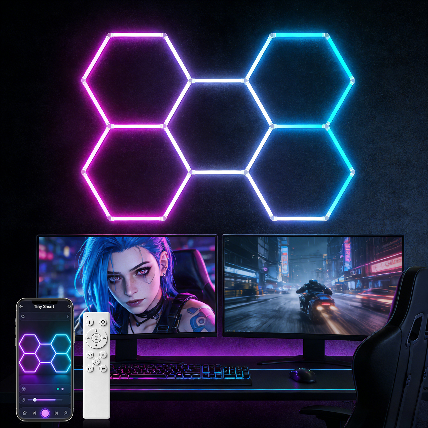Seis luces hexagonales, dos monitores, smartphone y mando a distancia.