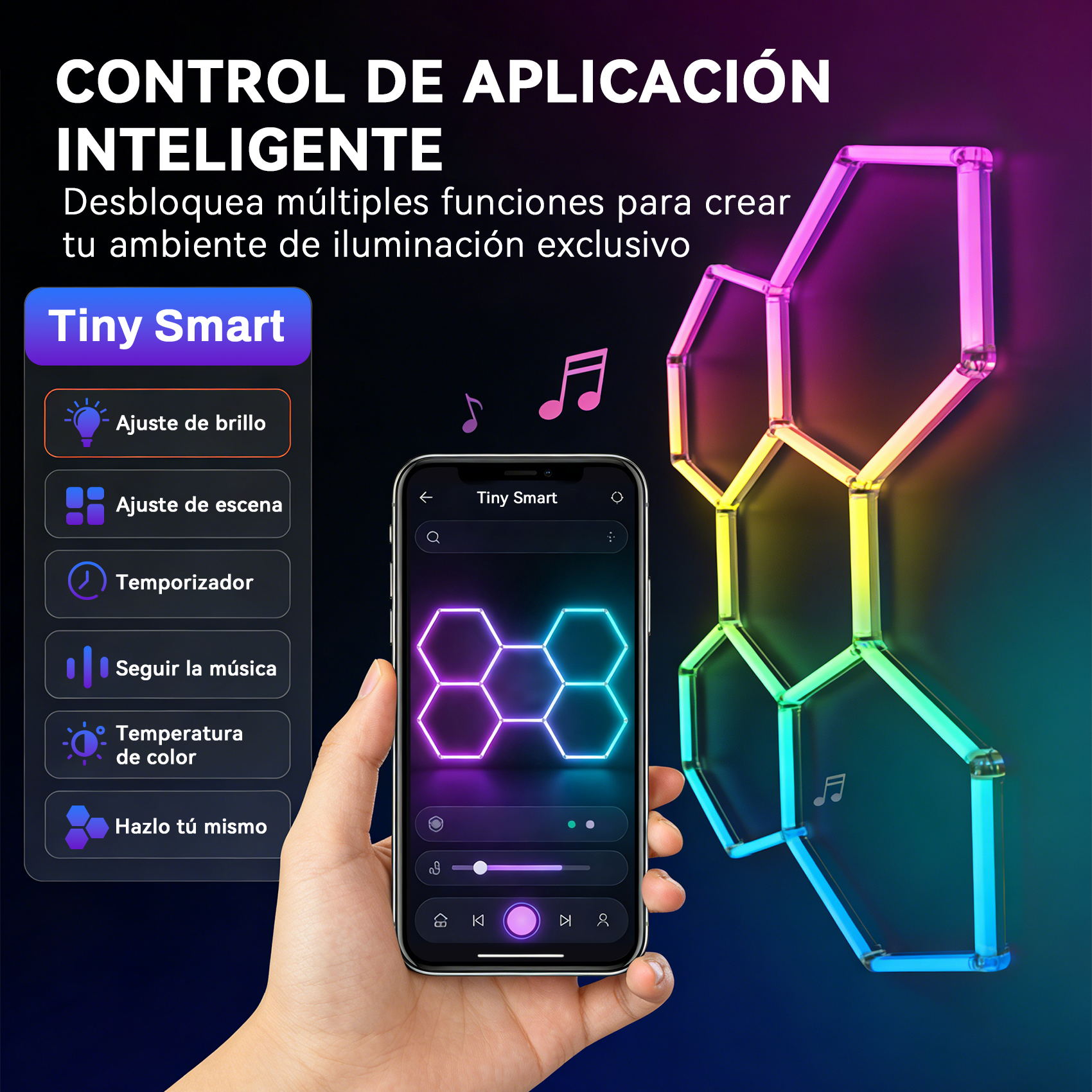 Mano sosteniendo smartphone con app. Luces hexagonales brillantes en colores arcoíris.