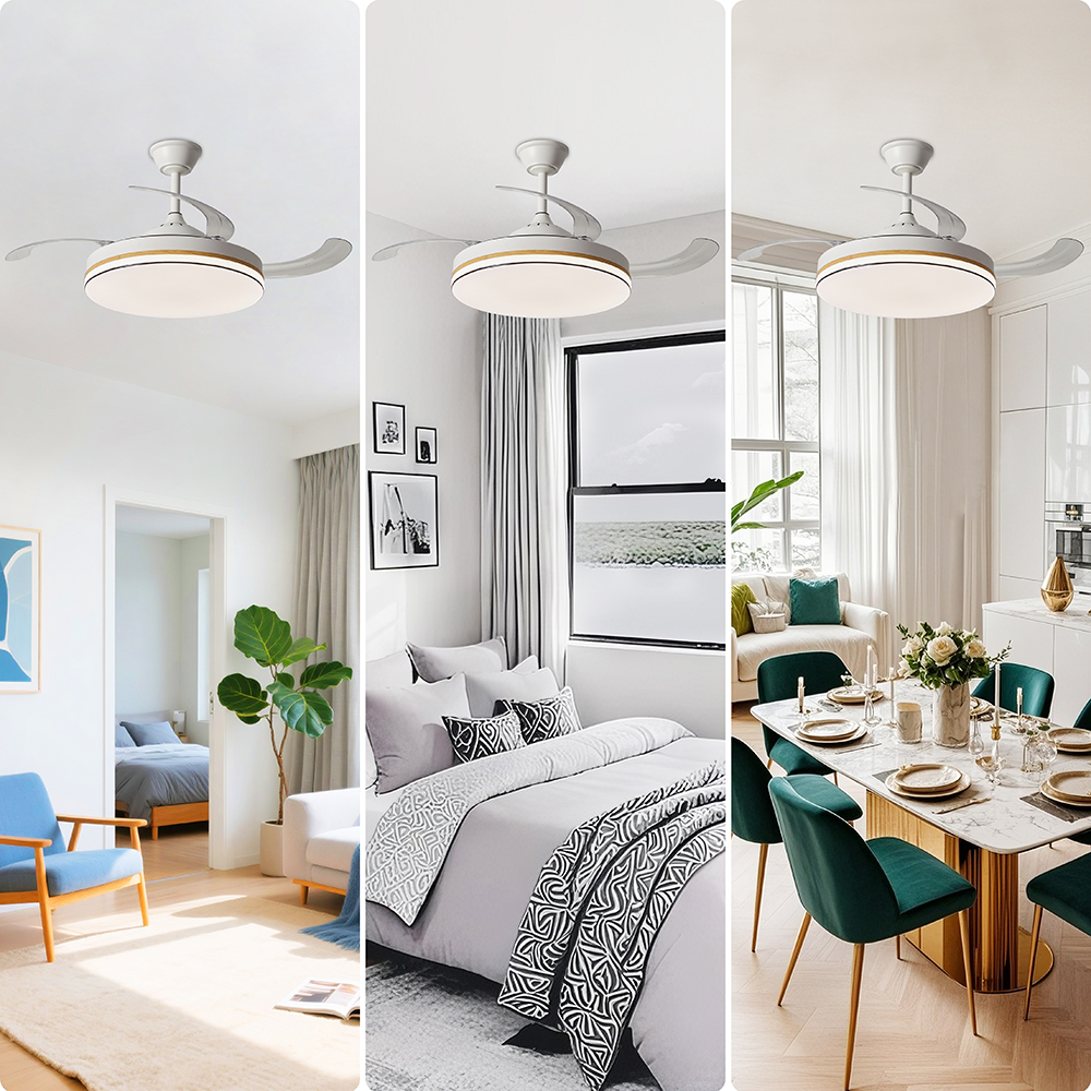 Ventilador de techo con luz sobre dormitorio, sala y comedor.