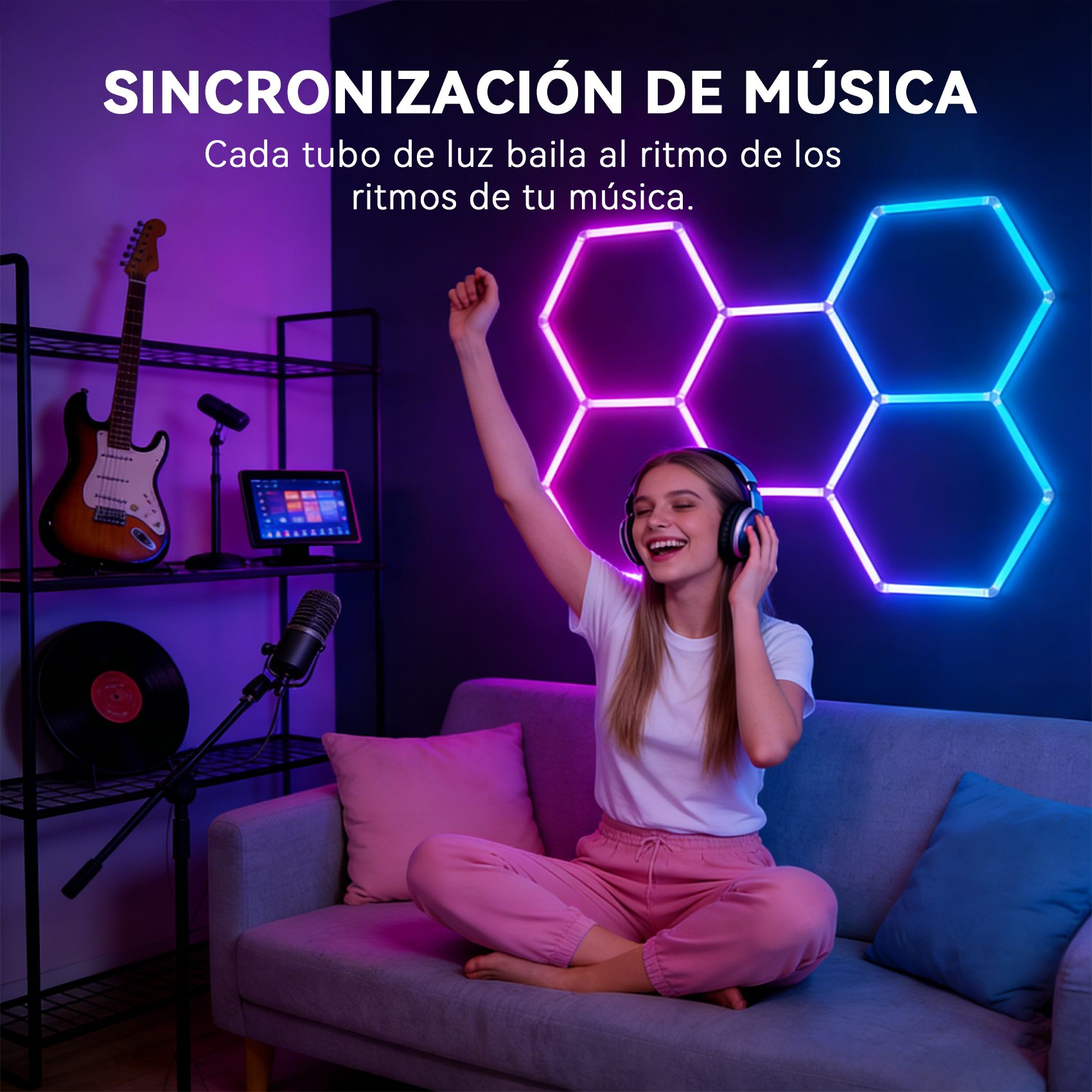 Mujer con auriculares baila al ritmo de la música, luces hexagonales.