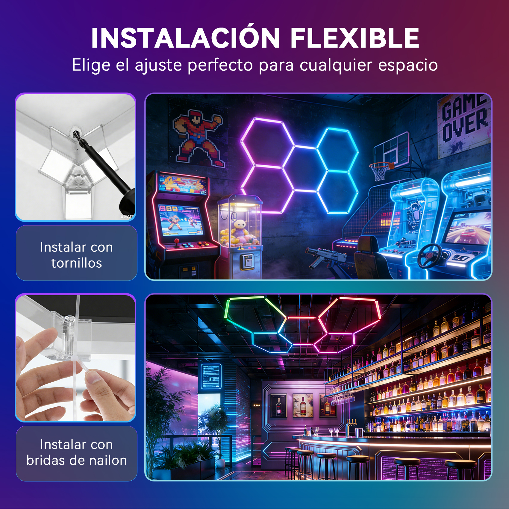 Instalación con tornillos y bridas, sala de juegos y bar con luces de neón.