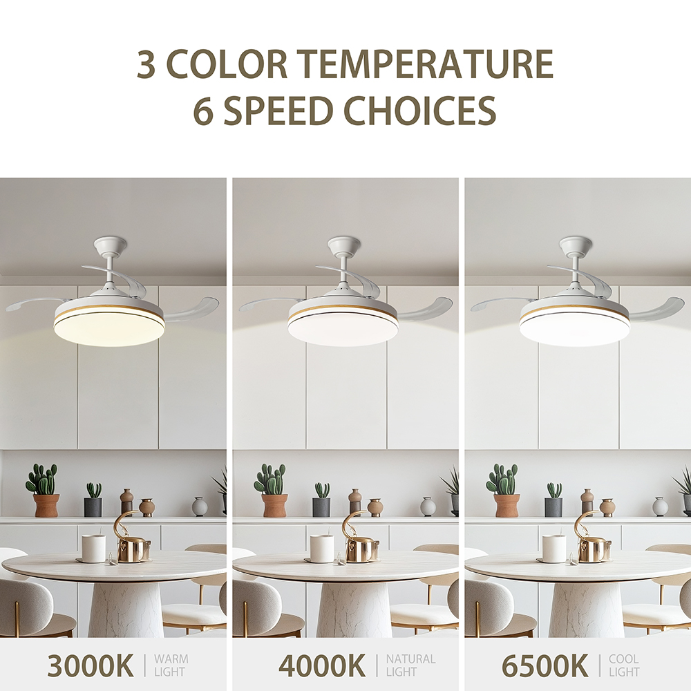 Ventilador de techo con luz en 3 temperaturas de color: cálida, natural, fría.
