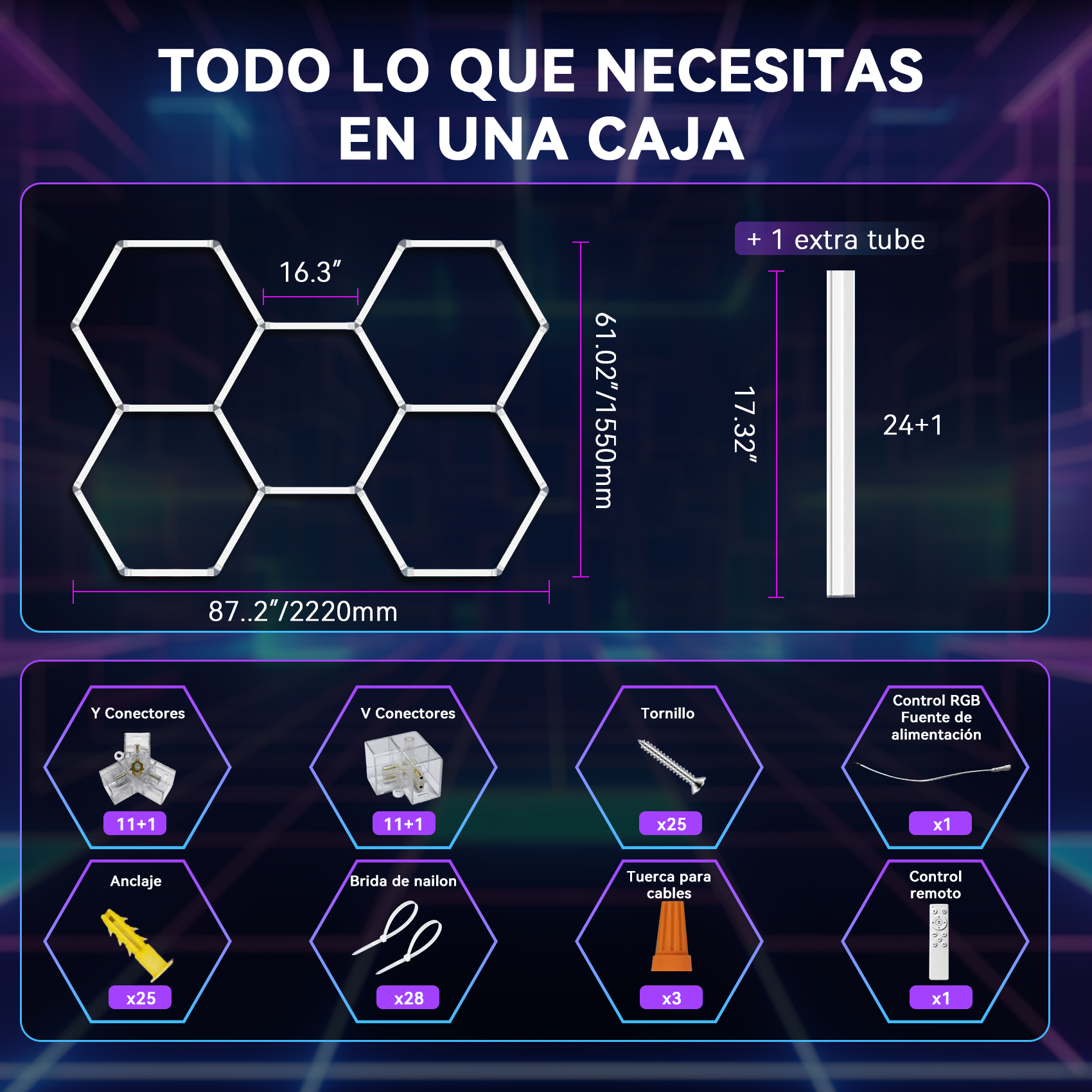 Luces hexagonales, dimensiones y accesorios: conectores Y/V, tornillos, bridas, fuente, control.