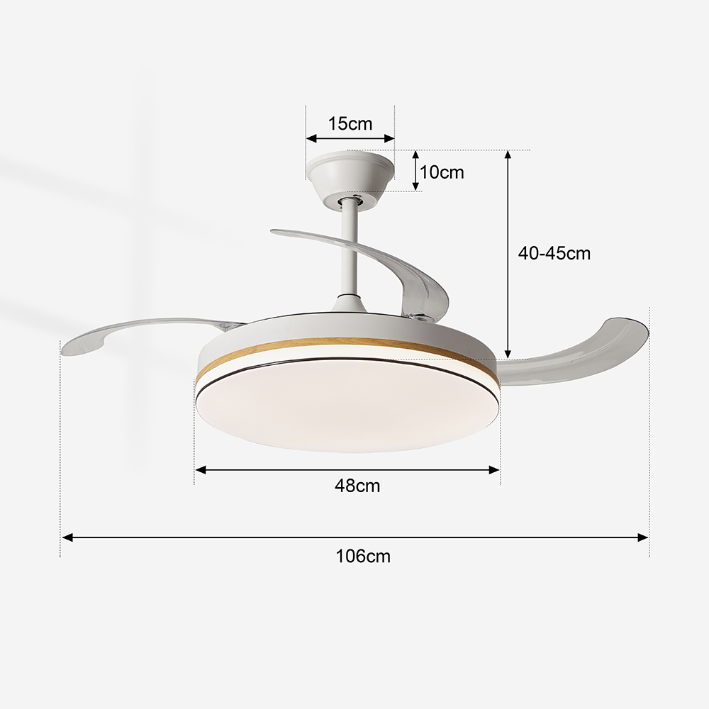 Ventilador de techo blanco con luz LED y dimensiones.