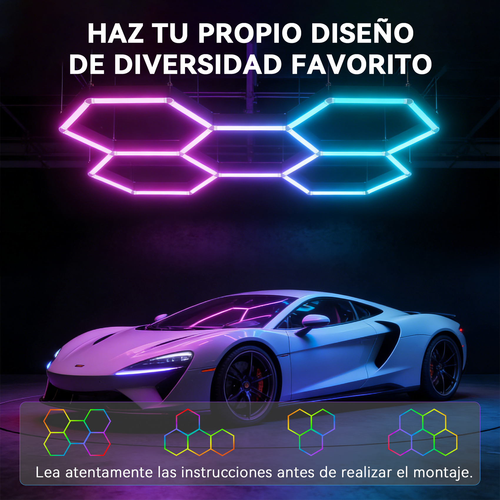 Un coche deportivo blanco se exhibe con luces de neón arriba y patrones abajo.