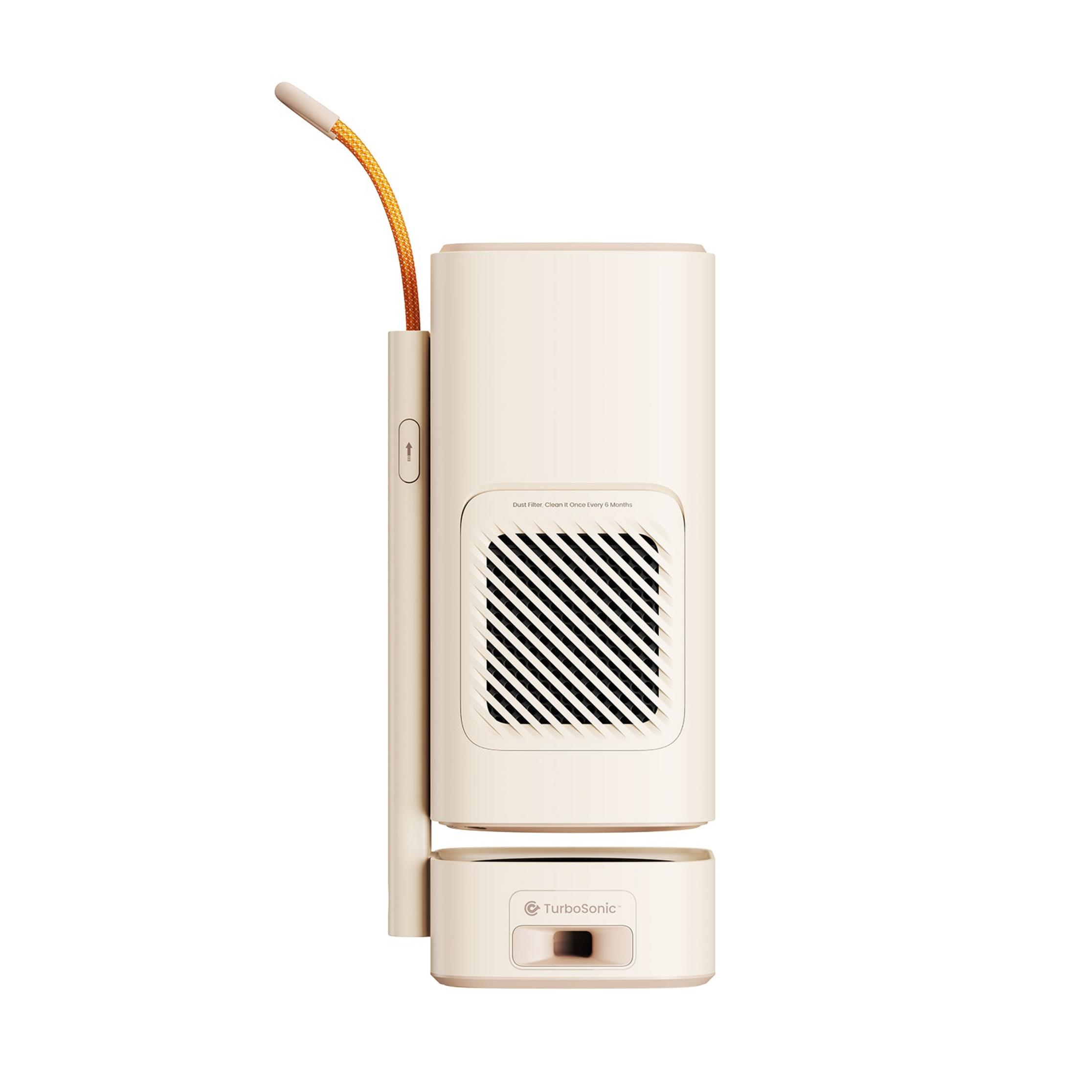 Un purificatore d'aria beige con cavo arancione e griglia di ventilazione.