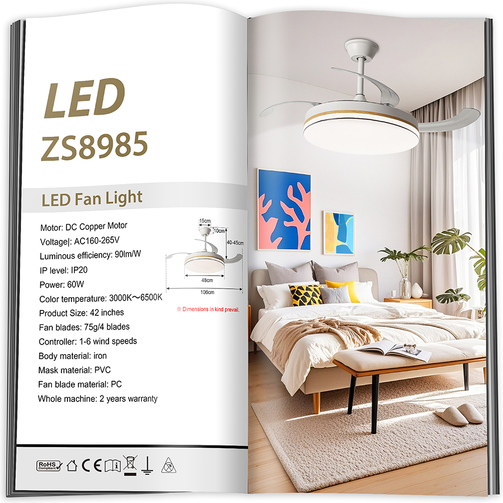 Página de revista con especificaciones de luz de ventilador LED y un dormitorio con luz de ventilador blanca.