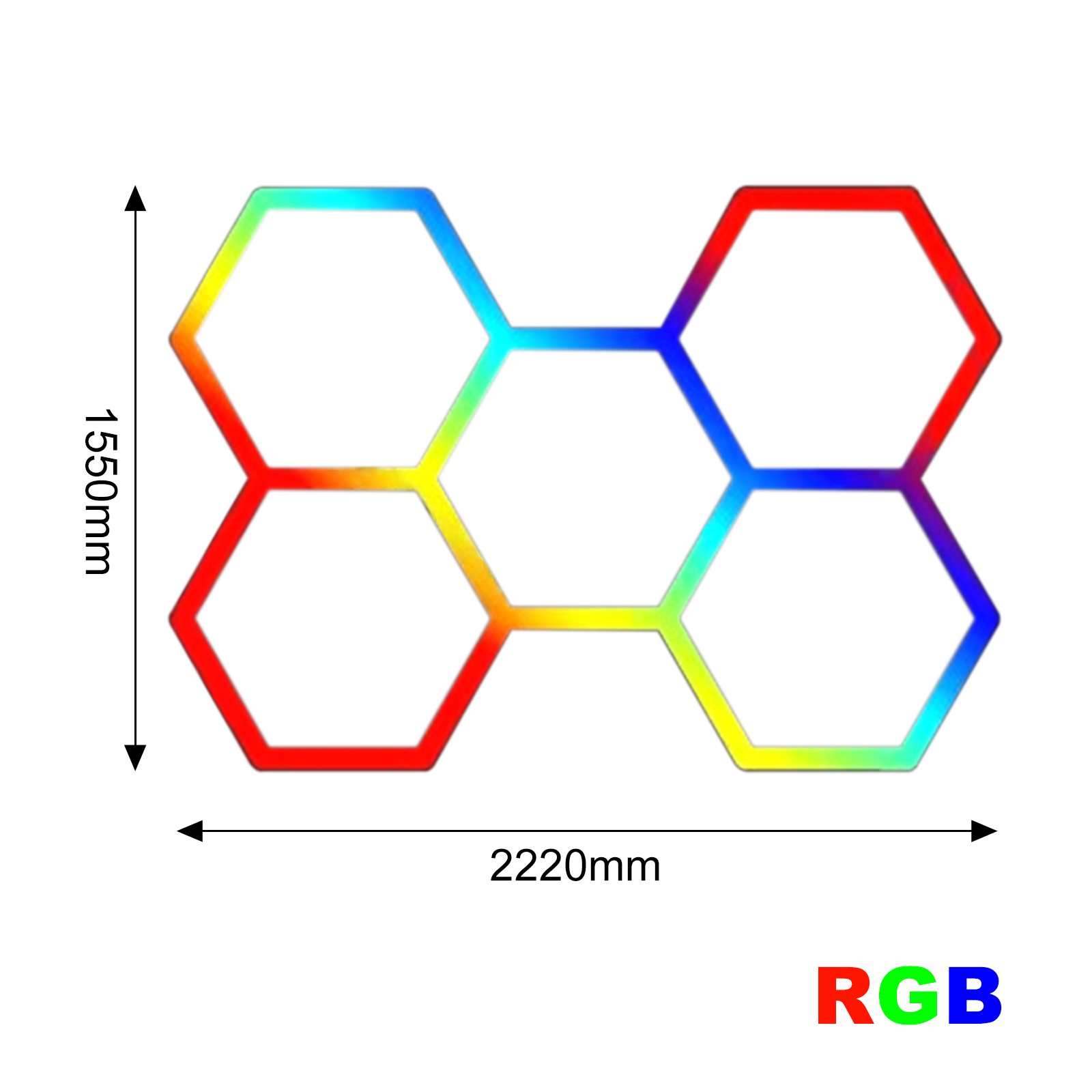 Seis luces hexagonales conectadas en colores arcoíris. Dimensiones: 1550mm x 2220mm.
