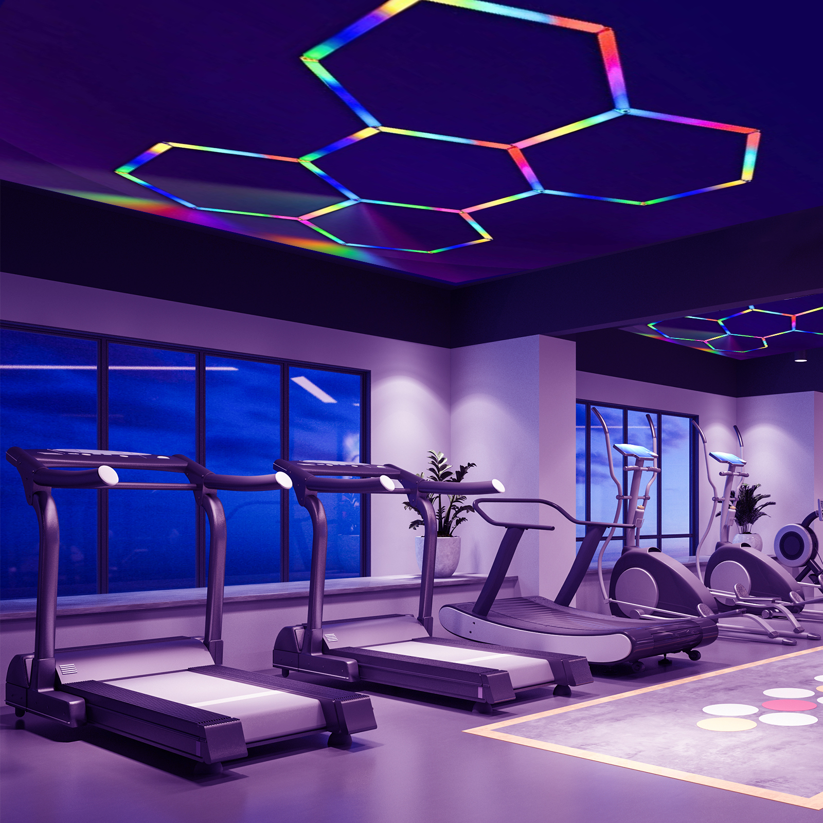 Un gimnasio con cintas de correr y elípticas, iluminado por luces de techo de colores.