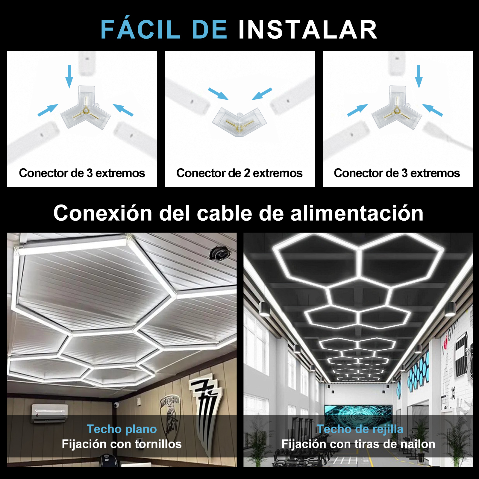 Guía de instalación de luces LED: conectores, montaje en techo con tornillos/tiras.