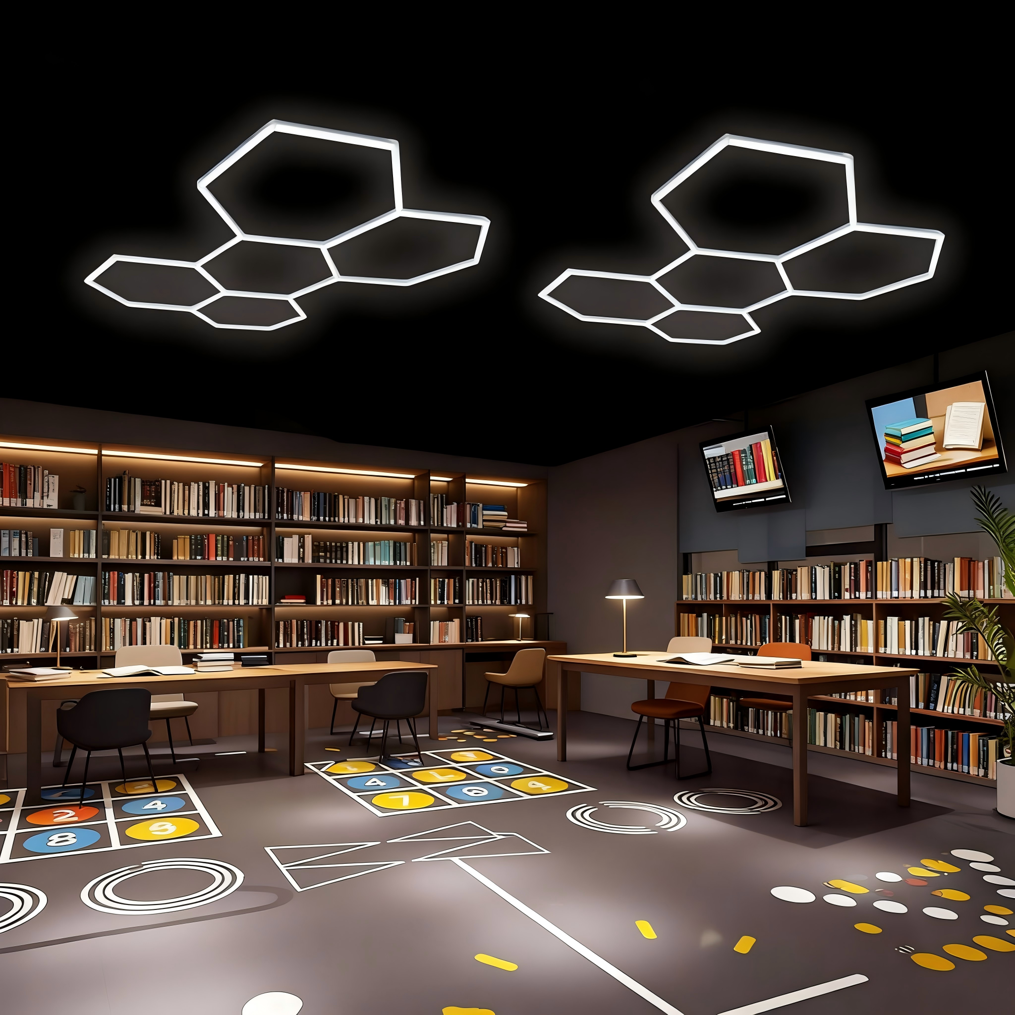 Biblioteca moderna con estanterías, mesas, sillas y arte en el suelo.