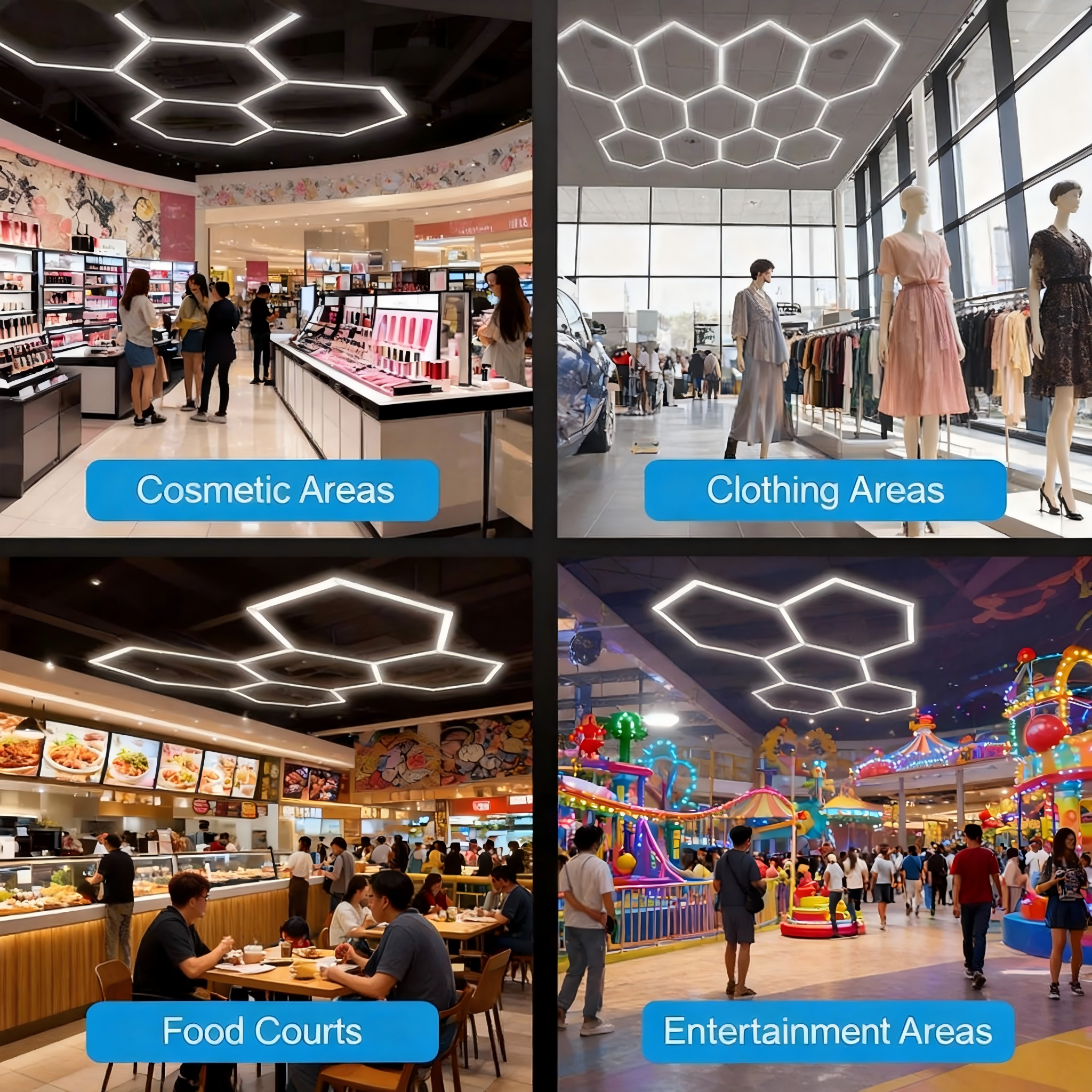 Cuatro áreas: cosméticos, ropa, patios de comida, entretenimiento. Iluminación moderna.