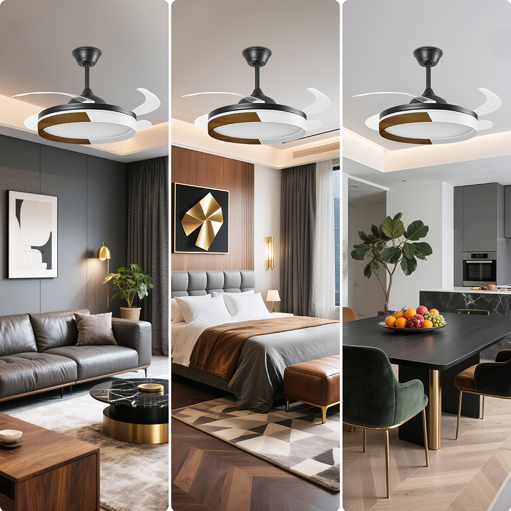 Ventiladores de techo modernos con luces en salas, dormitorios y comedores.
