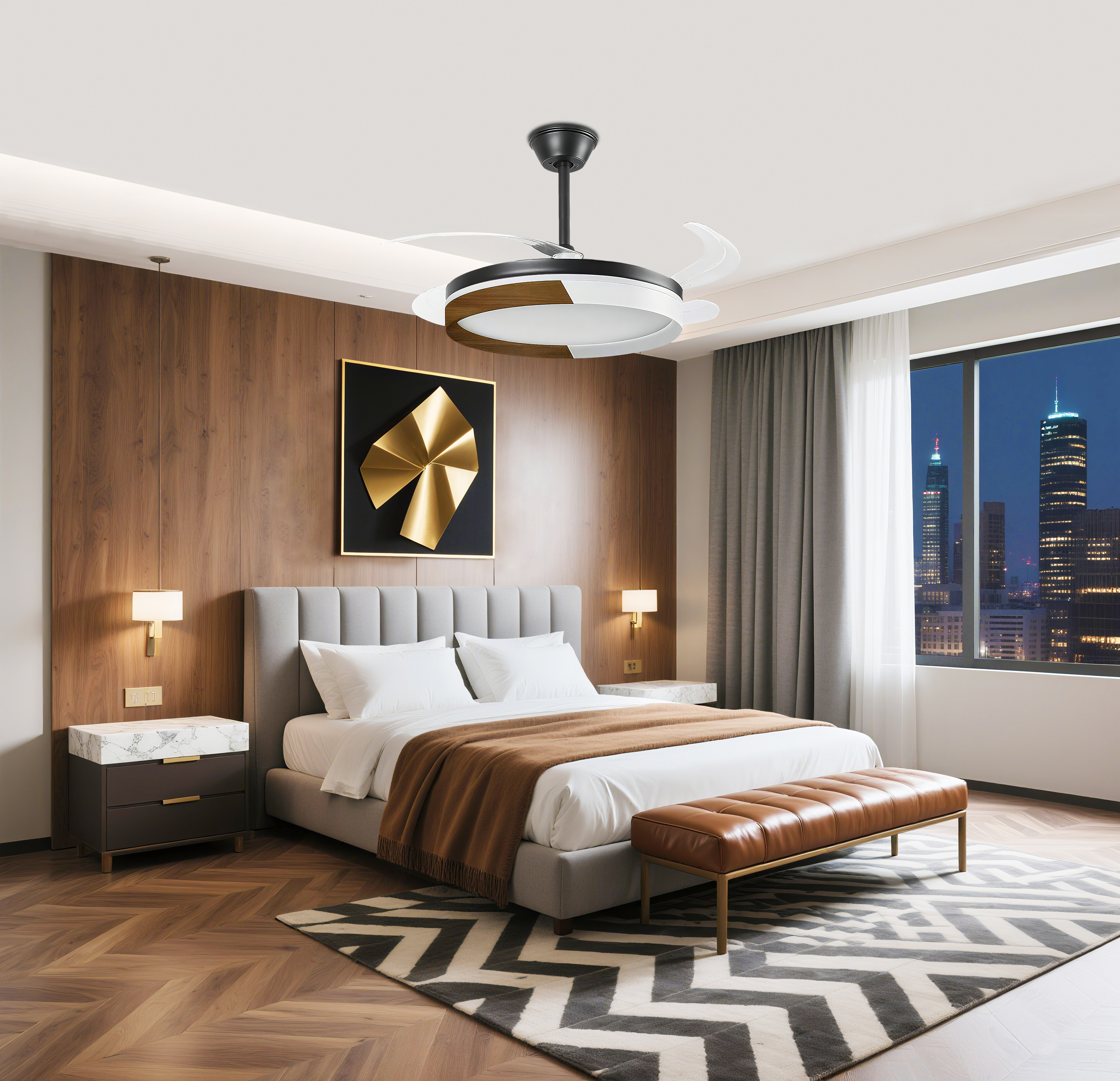 Dormitorio moderno con pared de madera, cama, ventilador de techo y vista nocturna de la ciudad.